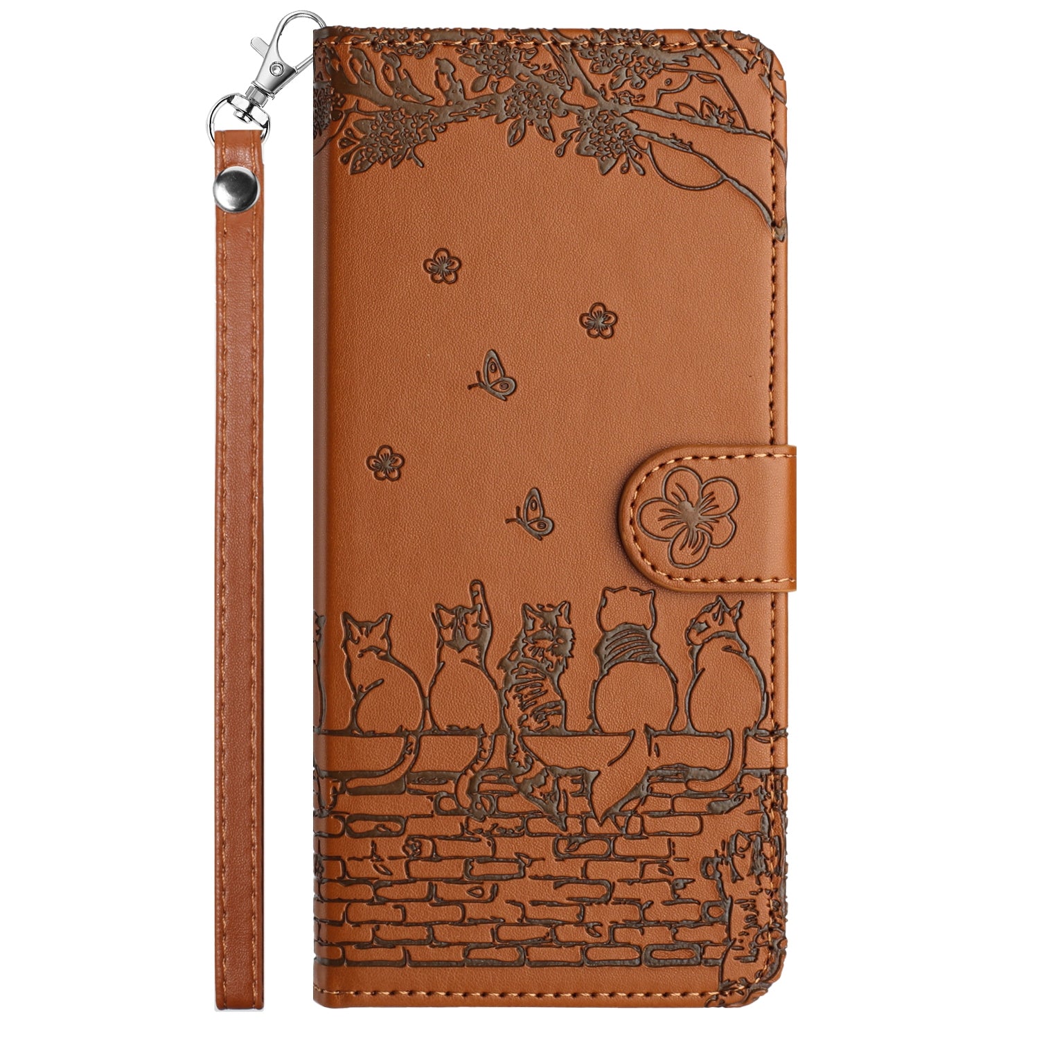 For Redmi 14C 4G Cat Embossing Pattern Leather Phone Case with Lanyard(Brown)