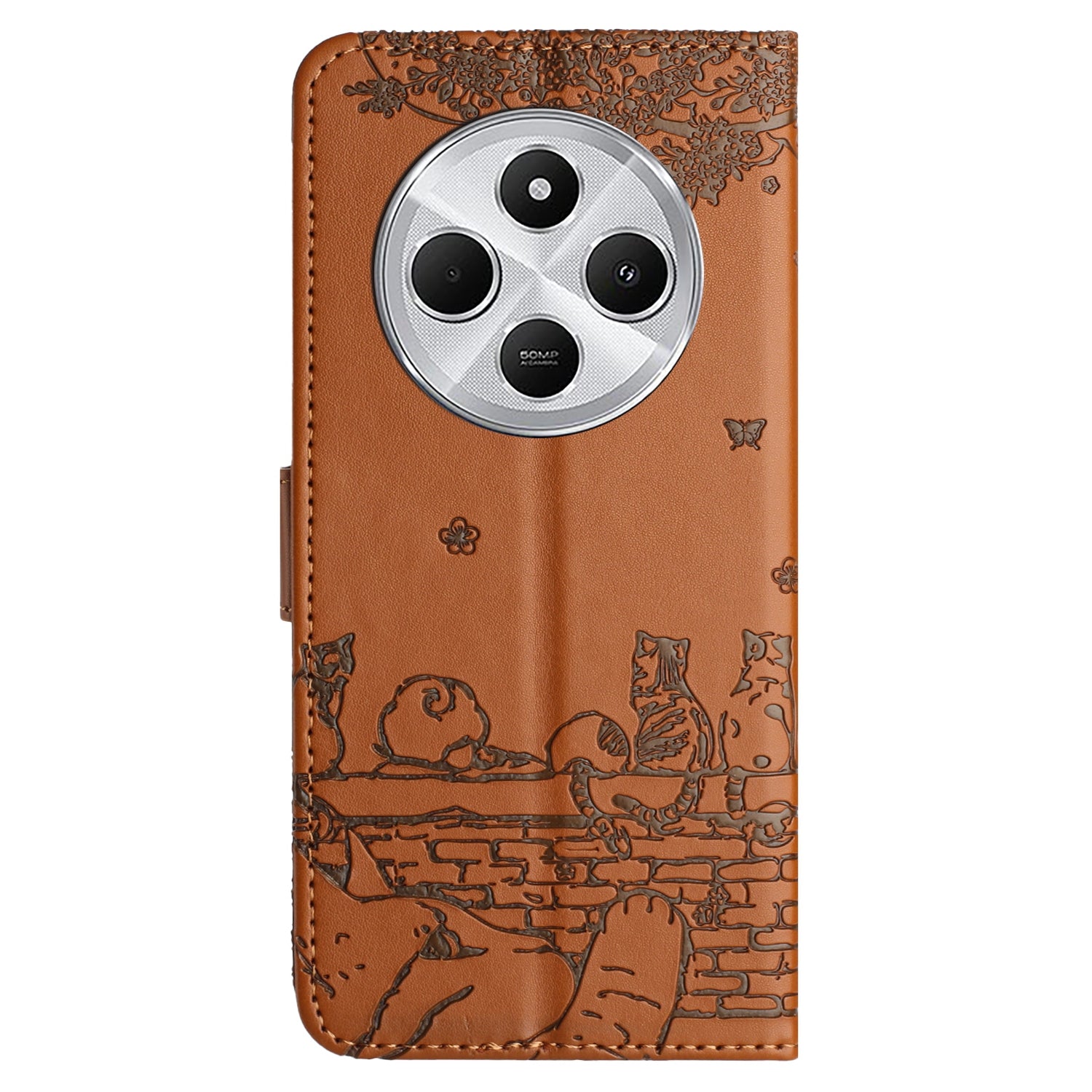 For Redmi 14C 4G Cat Embossing Pattern Leather Phone Case with Lanyard(Brown)