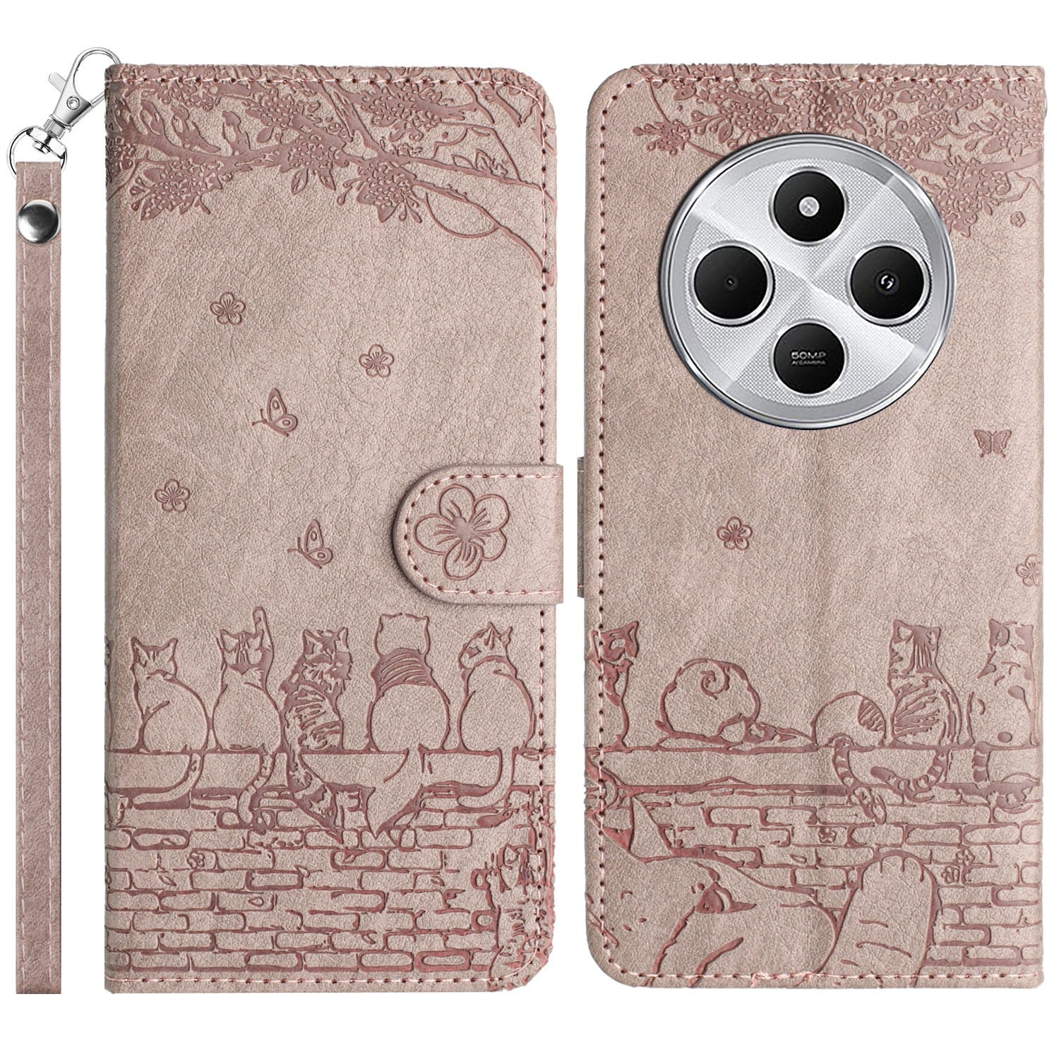 For Redmi 14C 4G Cat Embossing Pattern Leather Phone Case with Lanyard(Grey)