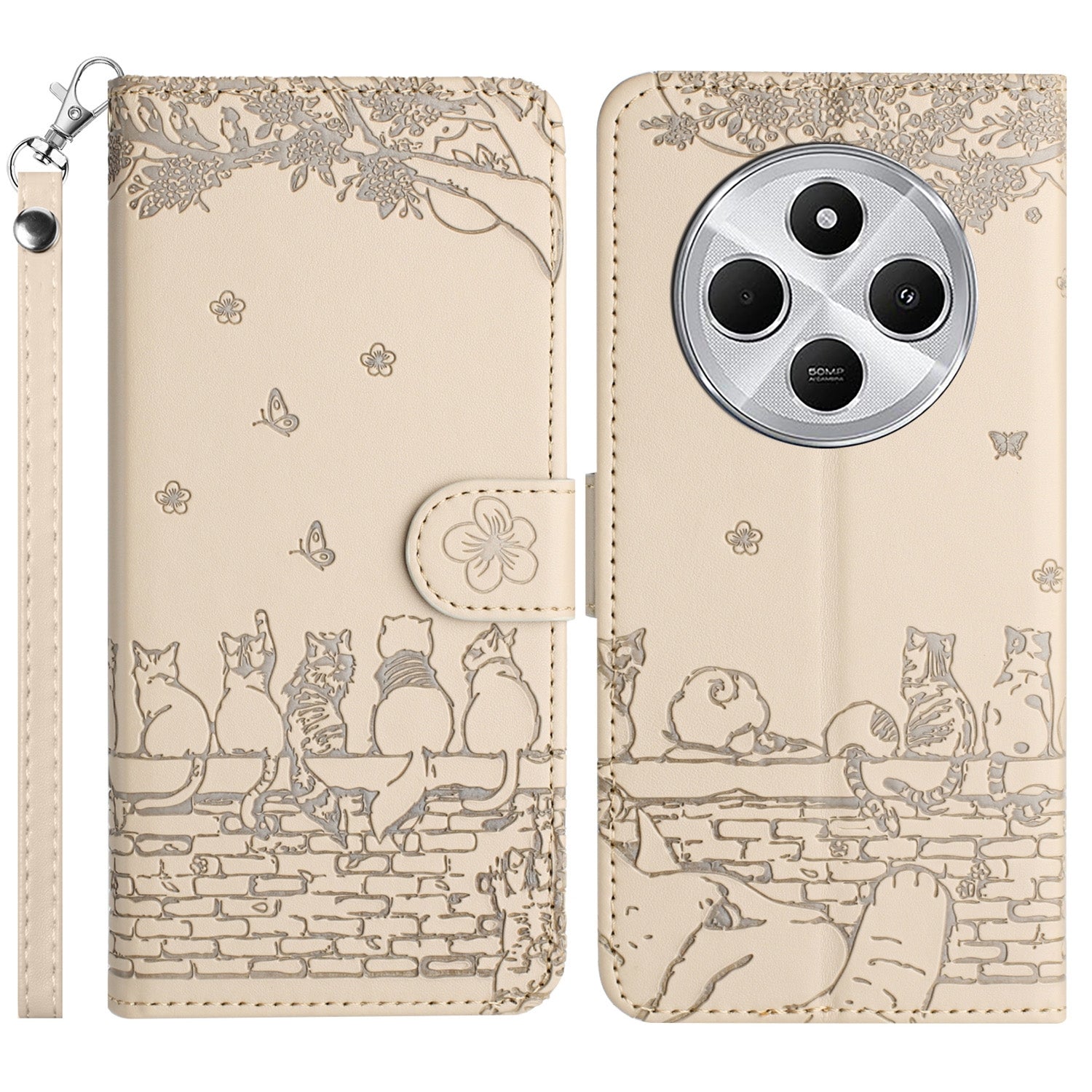 For Redmi 14C 4G Cat Embossing Pattern Leather Phone Case with Lanyard(Beige)