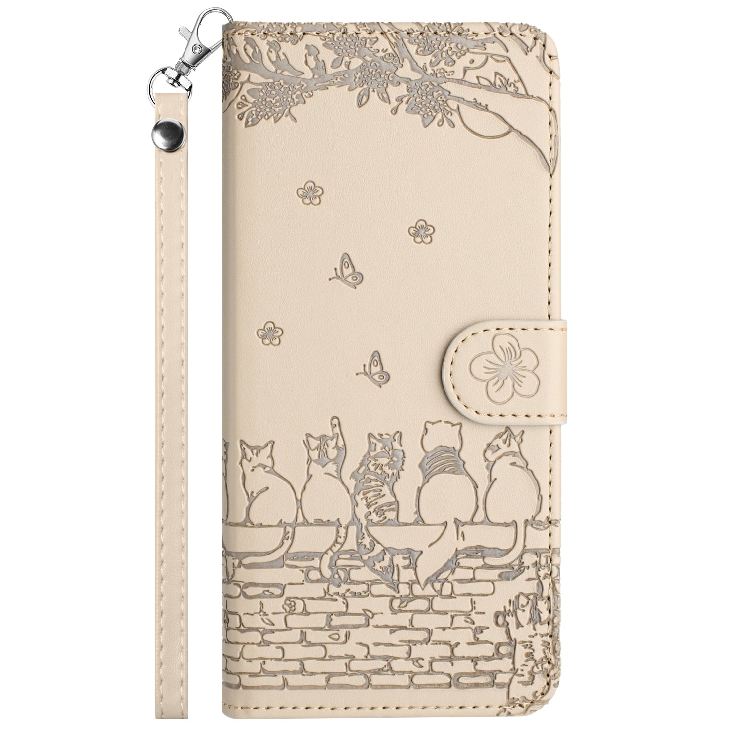 For Redmi 14C 4G Cat Embossing Pattern Leather Phone Case with Lanyard(Beige)