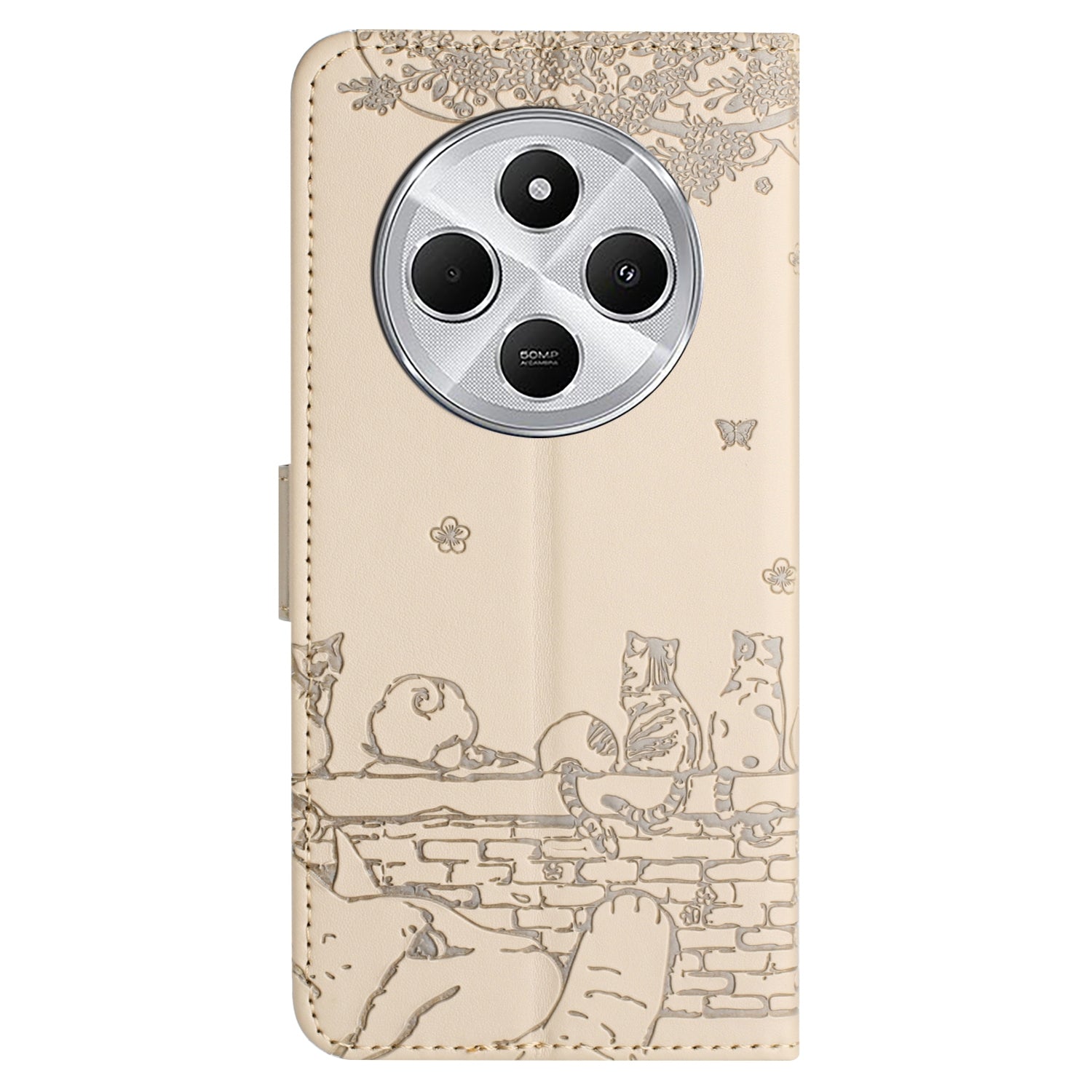 For Redmi 14C 4G Cat Embossing Pattern Leather Phone Case with Lanyard(Beige)