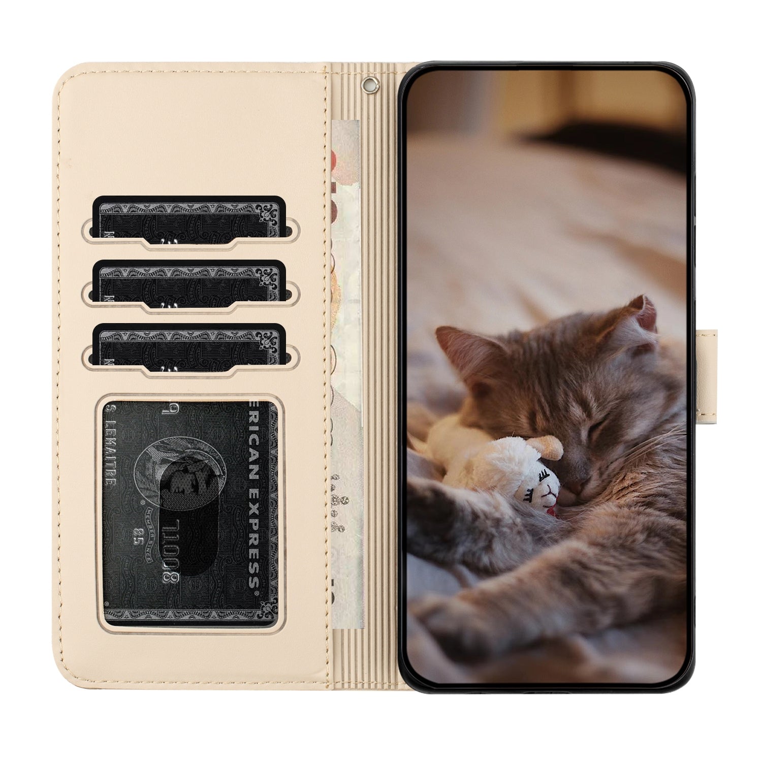 For Redmi 14C 4G Cat Embossing Pattern Leather Phone Case with Lanyard(Beige)