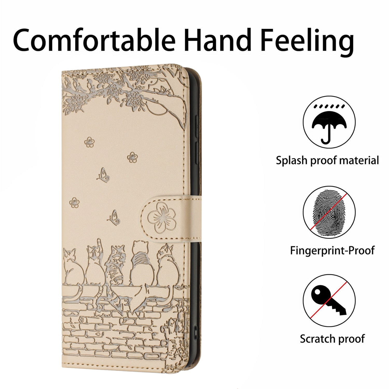 For Redmi 14C 4G Cat Embossing Pattern Leather Phone Case with Lanyard(Beige)