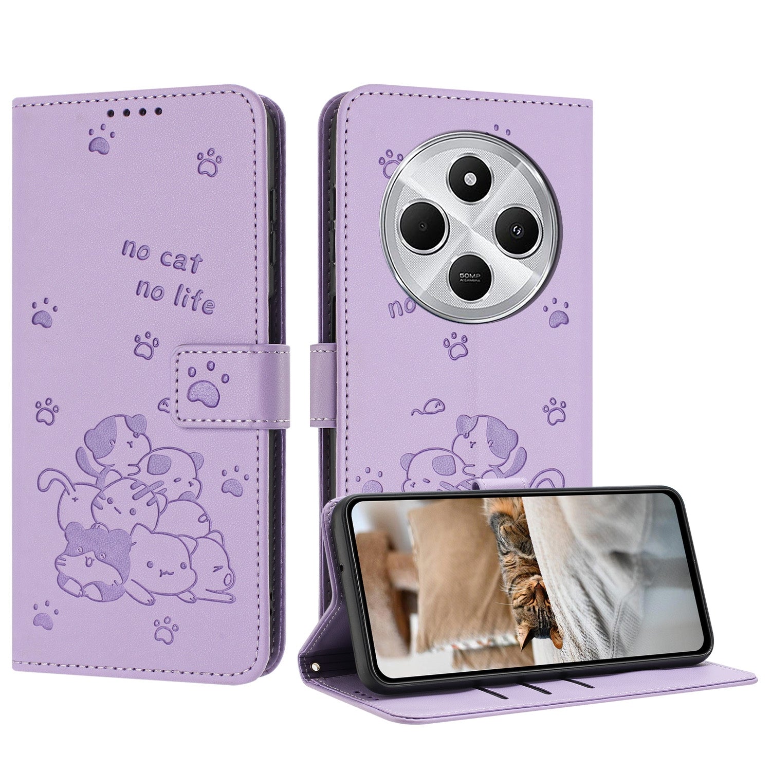 For Redmi 14C 4G Embossed Kitten Phone Leather Case with Lanyard(Purple)