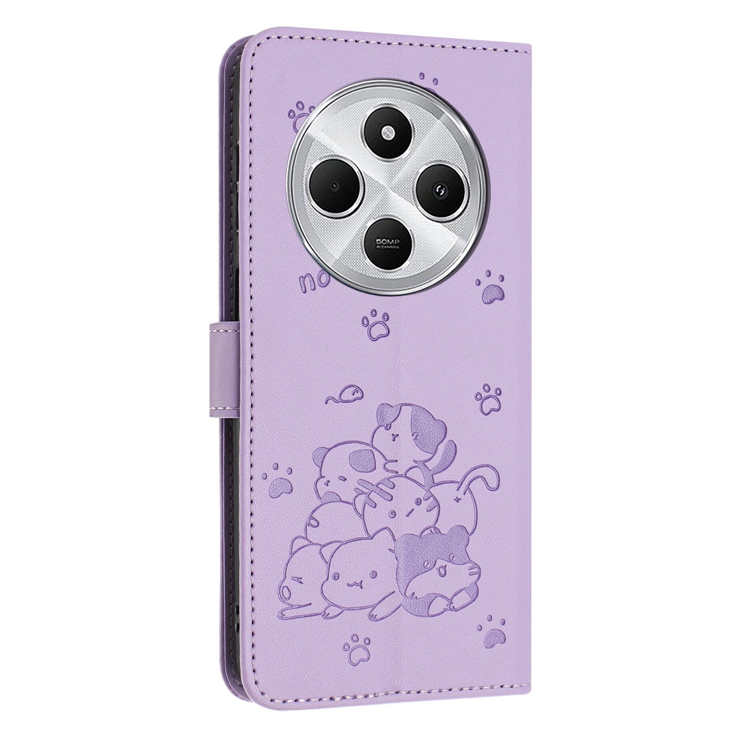 For Redmi 14C 4G Embossed Kitten Phone Leather Case with Lanyard(Purple)