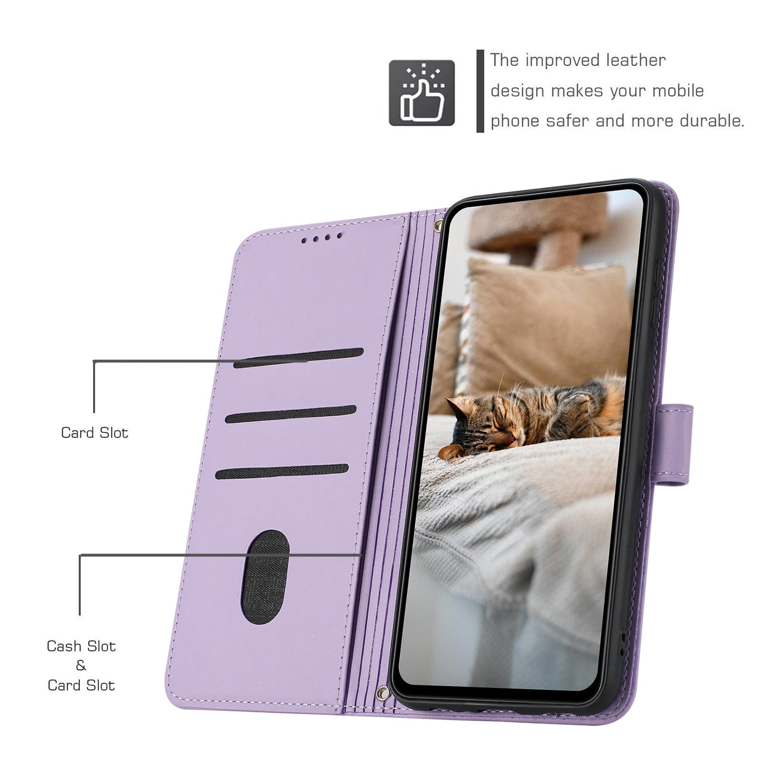 For Redmi 14C 4G Embossed Kitten Phone Leather Case with Lanyard(Purple)