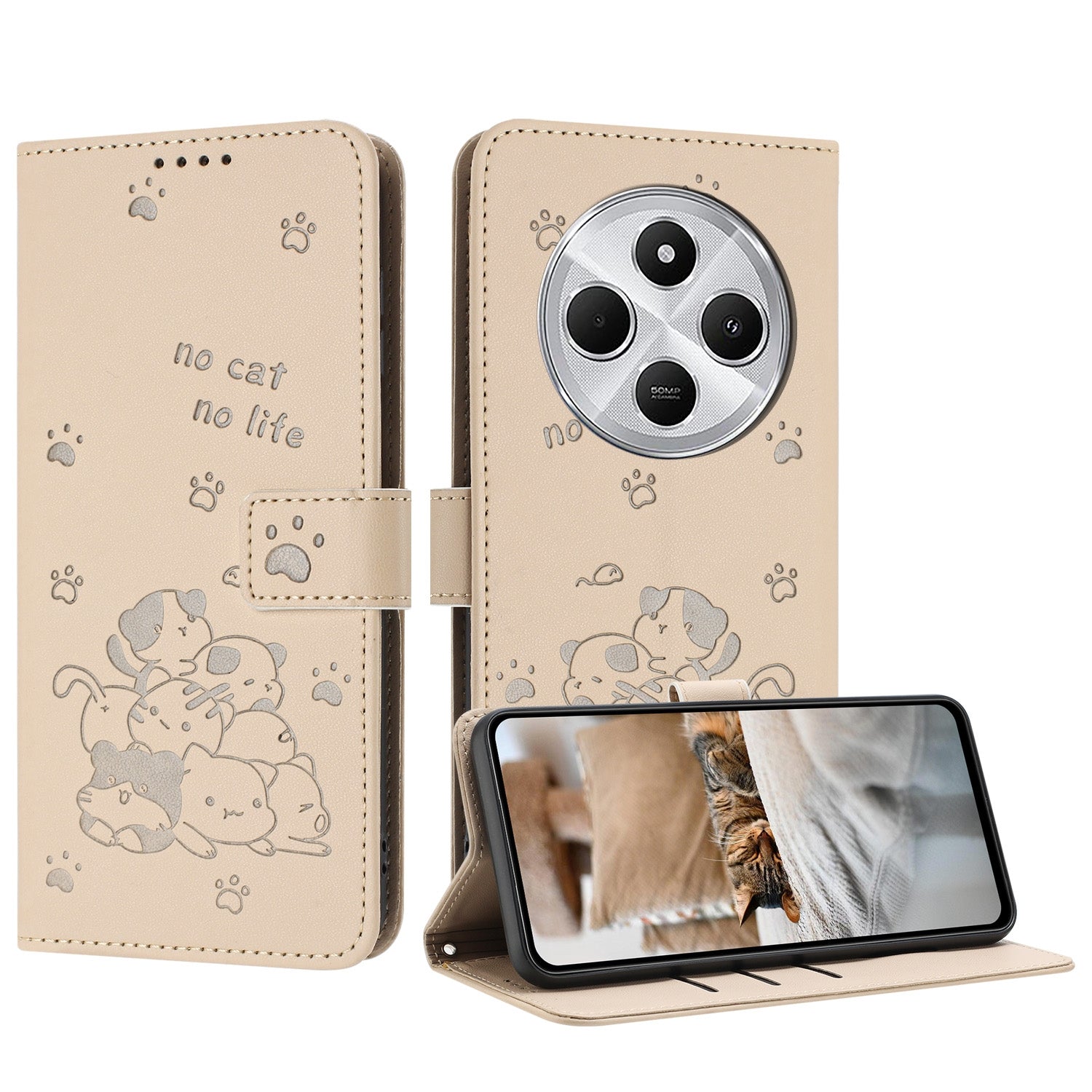 For Redmi 14C 4G Embossed Kitten Phone Leather Case with Lanyard(Beige)