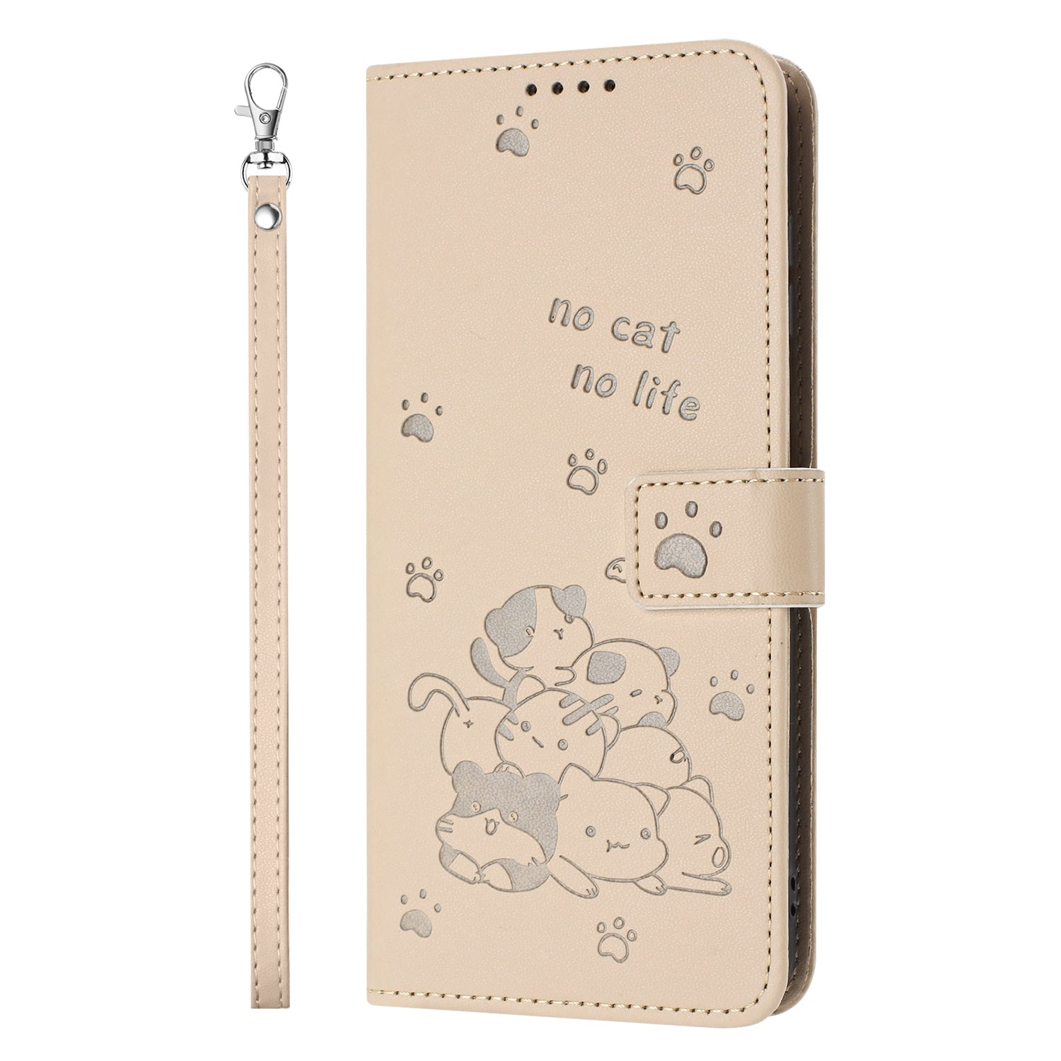 For Redmi 14C 4G Embossed Kitten Phone Leather Case with Lanyard(Beige)