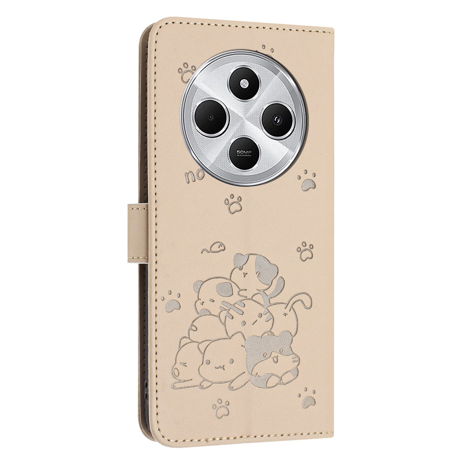 For Redmi 14C 4G Embossed Kitten Phone Leather Case with Lanyard(Beige)