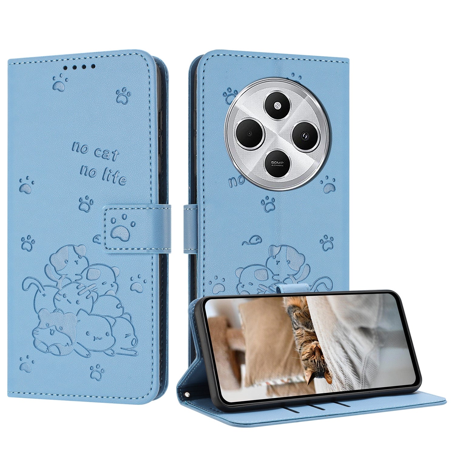 For Redmi 14C 4G Embossed Kitten Phone Leather Case with Lanyard(Blue)