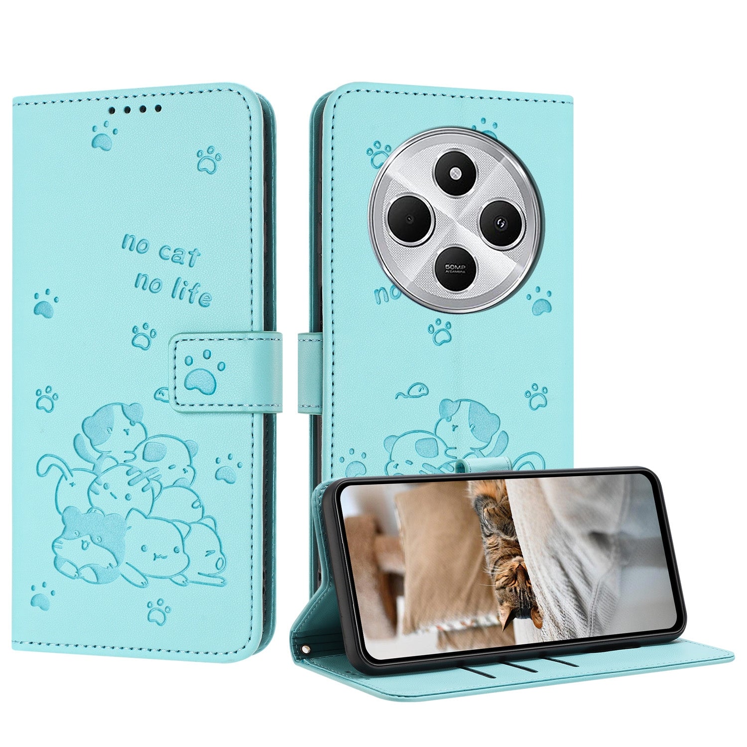 For Redmi 14C 4G Embossed Kitten Phone Leather Case with Lanyard(Mint Green)