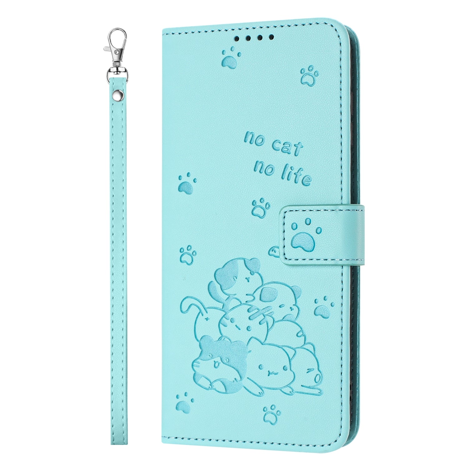 For Redmi 14C 4G Embossed Kitten Phone Leather Case with Lanyard(Mint Green)