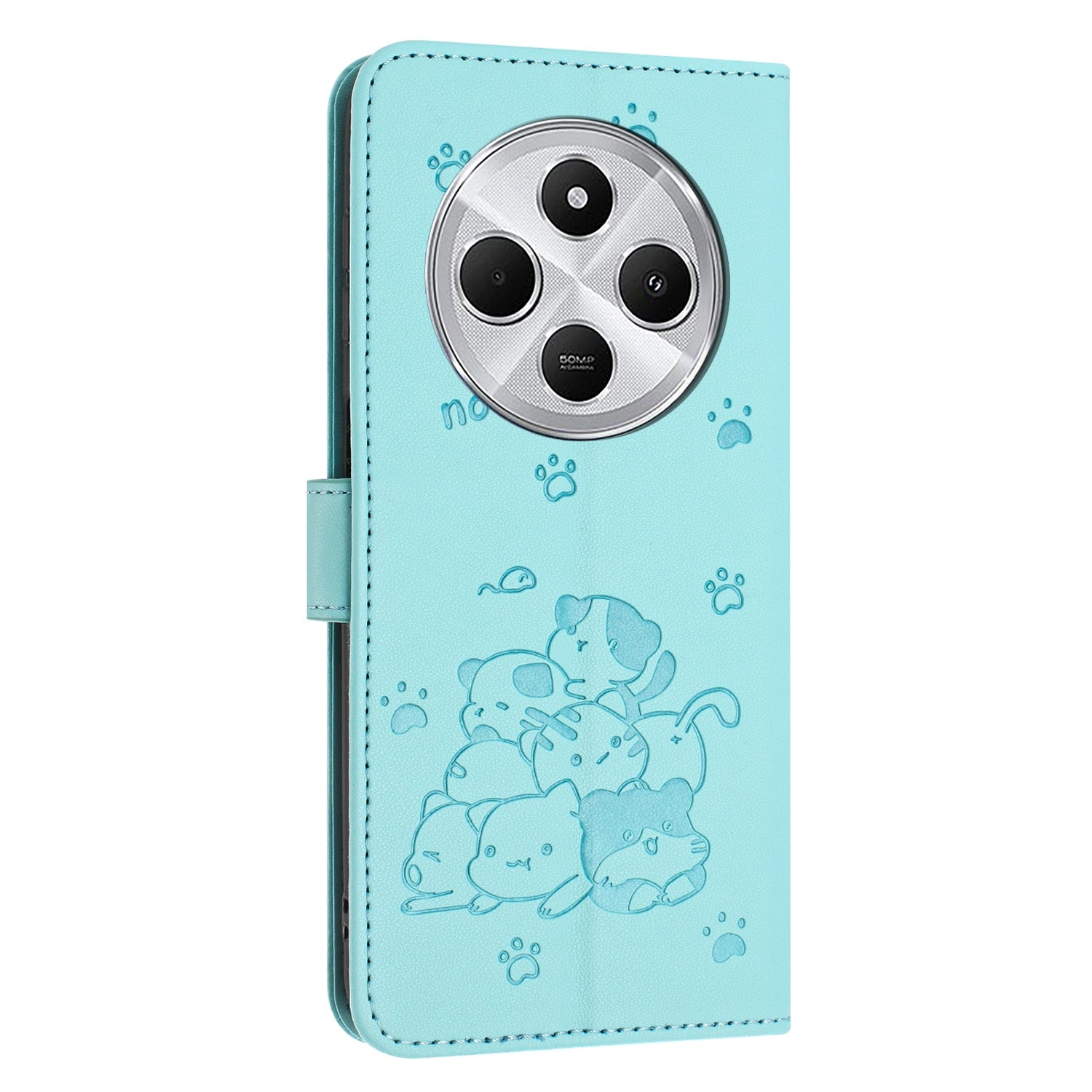 For Redmi 14C 4G Embossed Kitten Phone Leather Case with Lanyard(Mint Green)