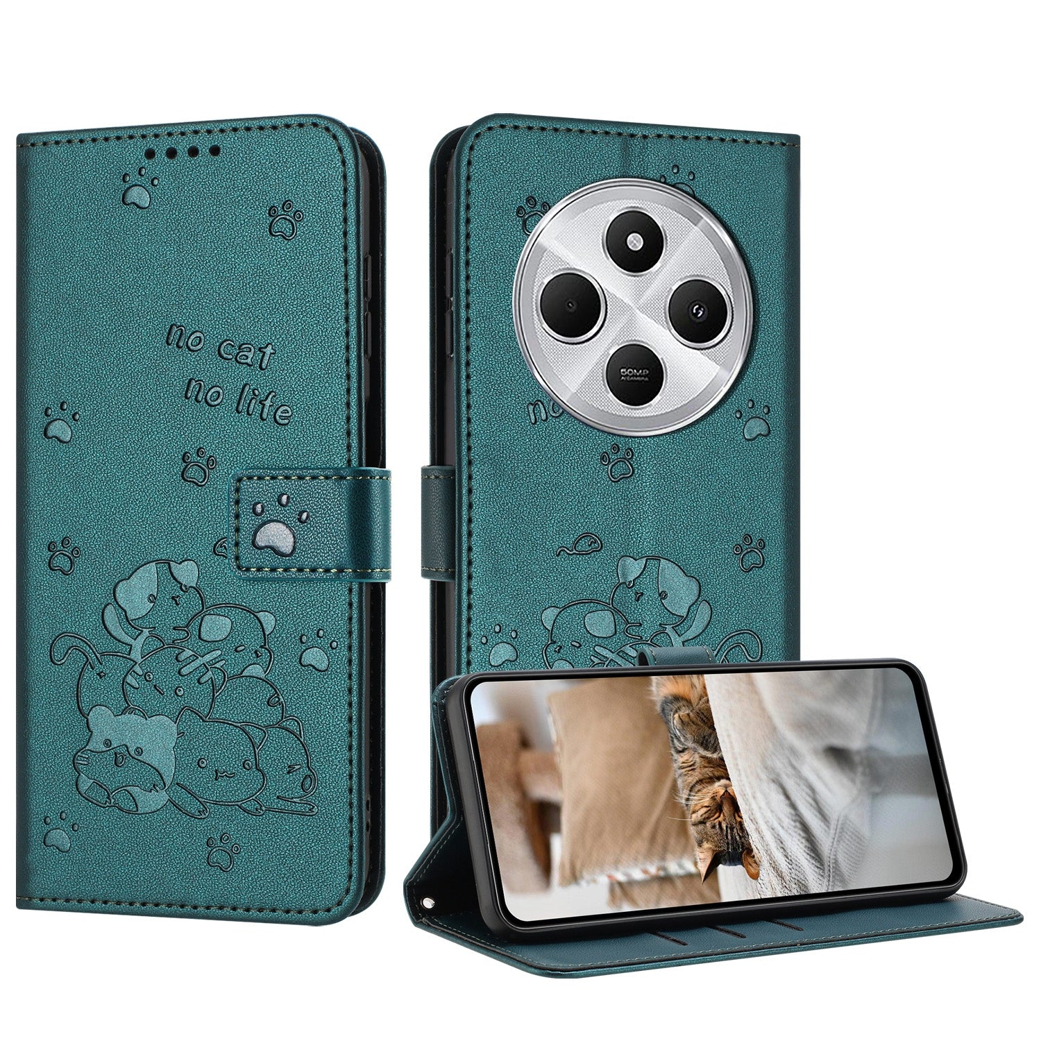 For Redmi 14C 4G Embossed Kitten Phone Leather Case with Lanyard(Dark Green)