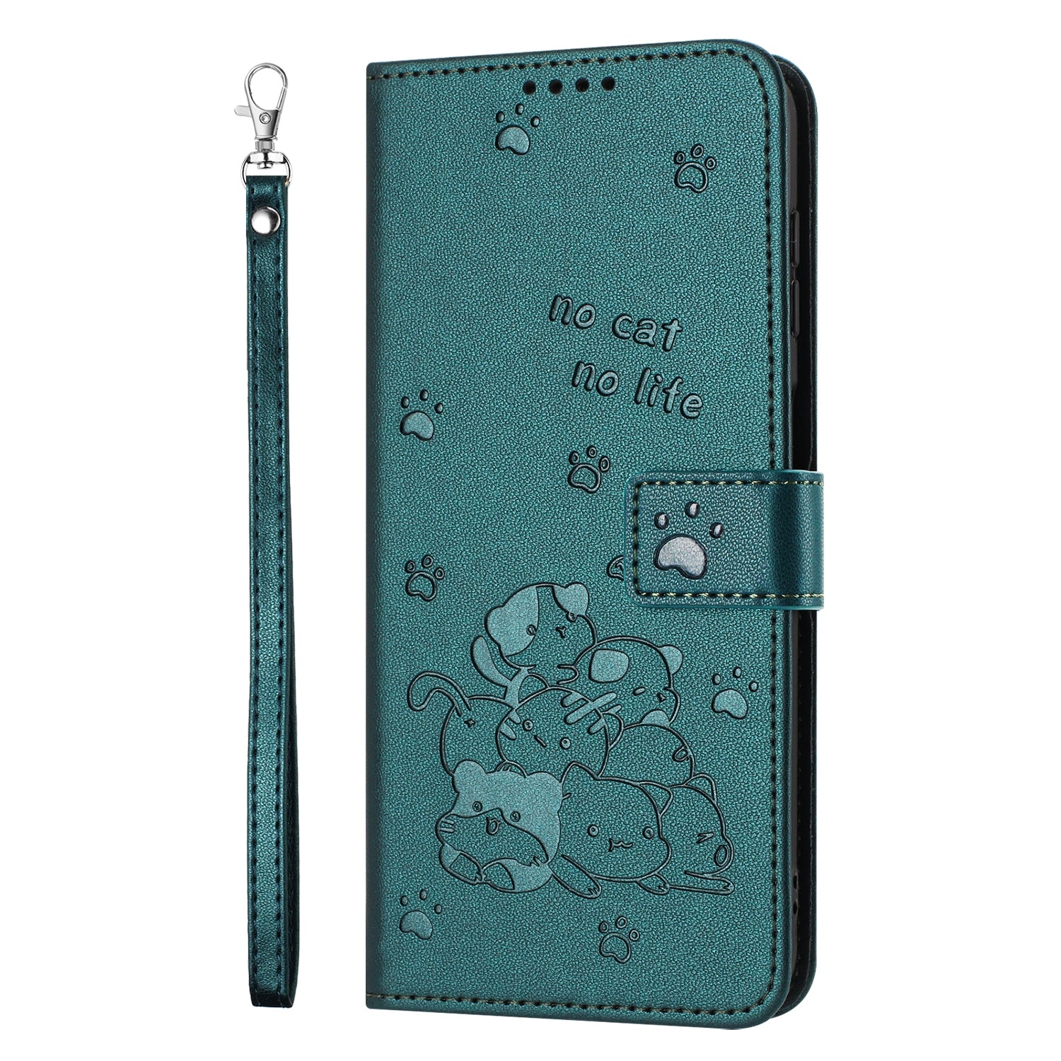 For Redmi 14C 4G Embossed Kitten Phone Leather Case with Lanyard(Dark Green)