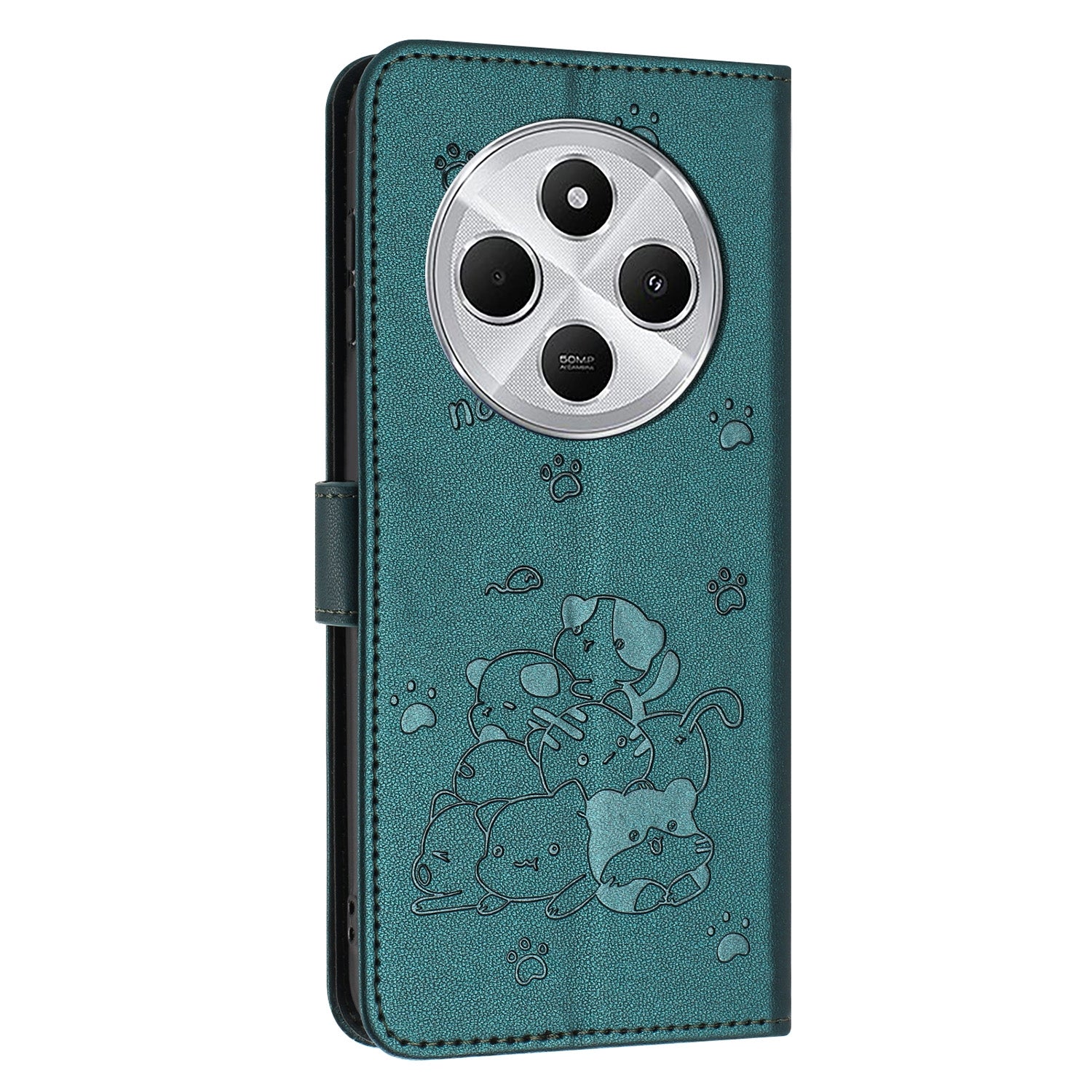 For Redmi 14C 4G Embossed Kitten Phone Leather Case with Lanyard(Dark Green)