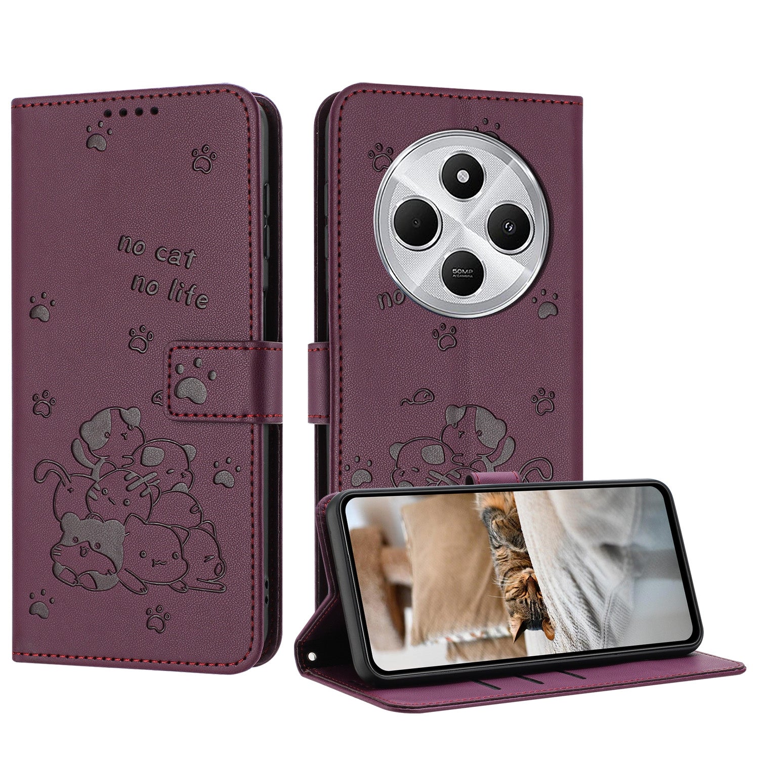 For Redmi 14C 4G Embossed Kitten Phone Leather Case with Lanyard(Wine Red)