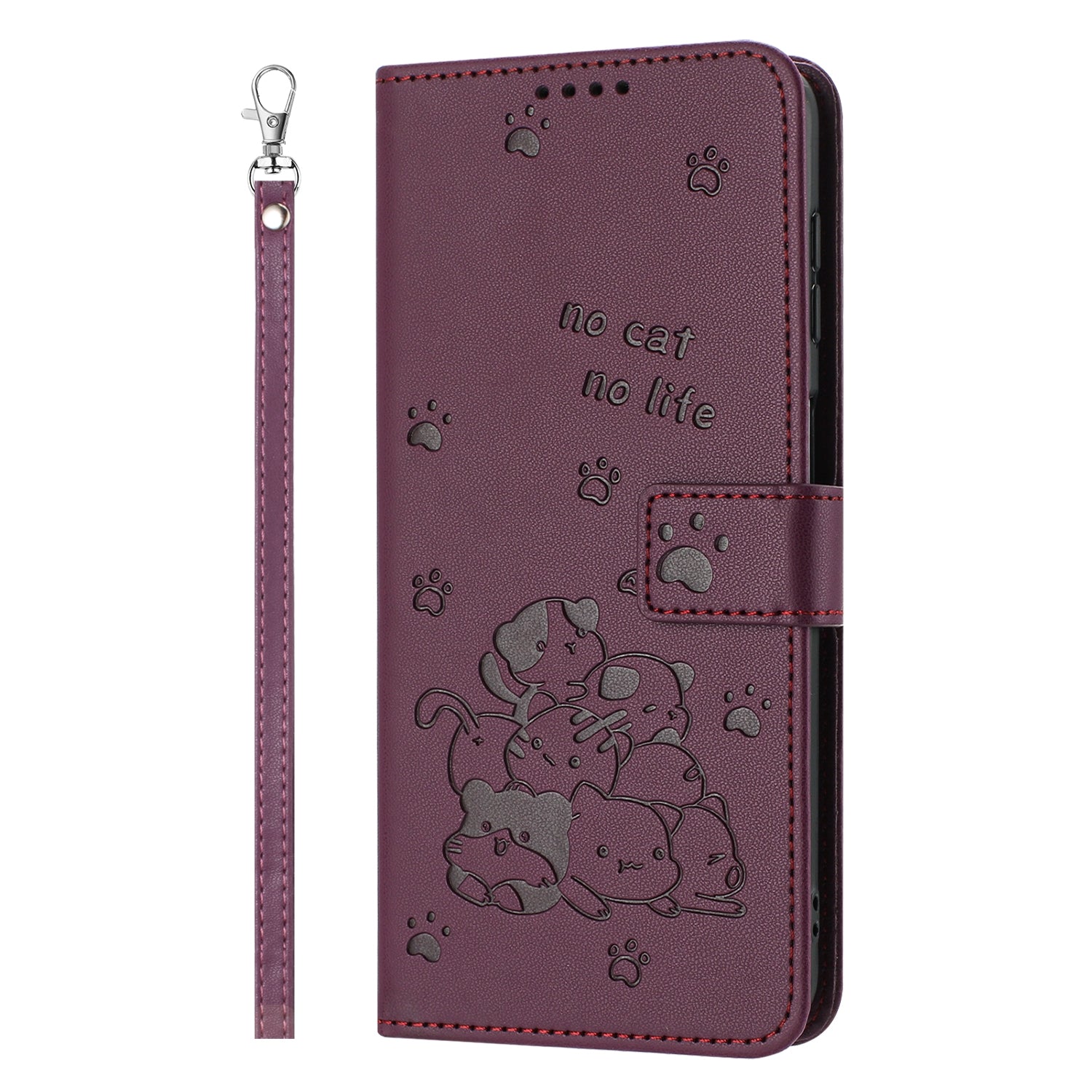 For Redmi 14C 4G Embossed Kitten Phone Leather Case with Lanyard(Wine Red)