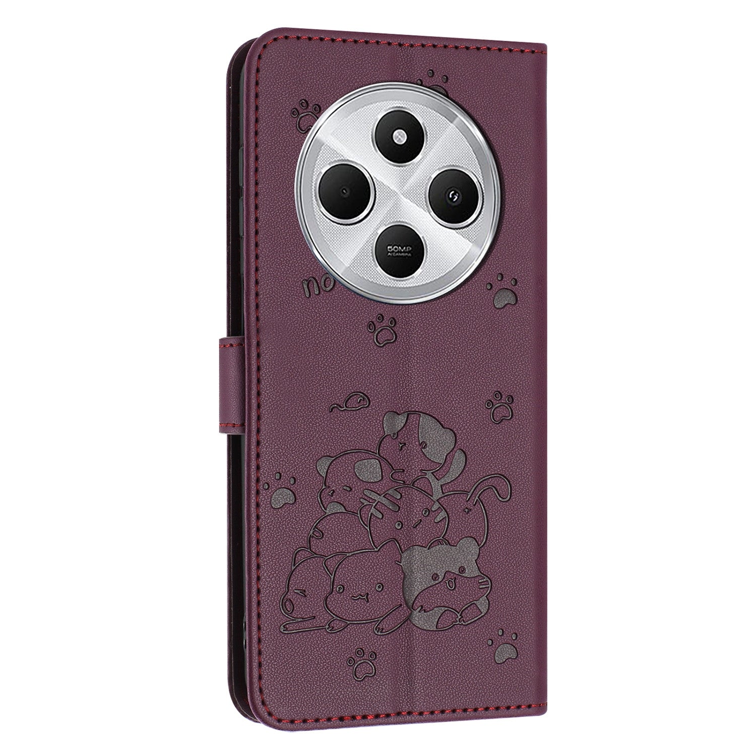 For Redmi 14C 4G Embossed Kitten Phone Leather Case with Lanyard(Wine Red)