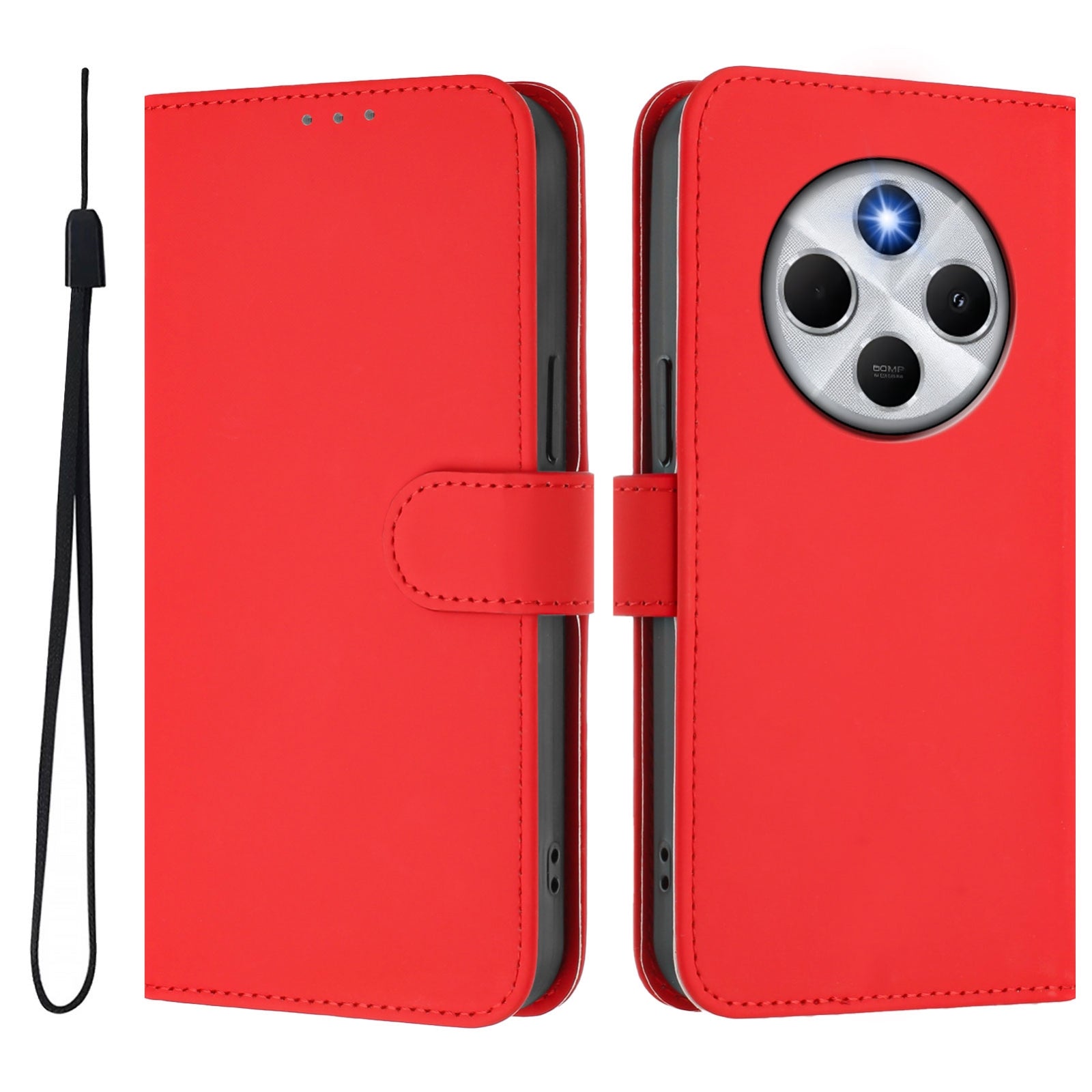 For Redmi 14C 4G Skin Feel Solid Color Leather Phone Case with Lanyard(Red)