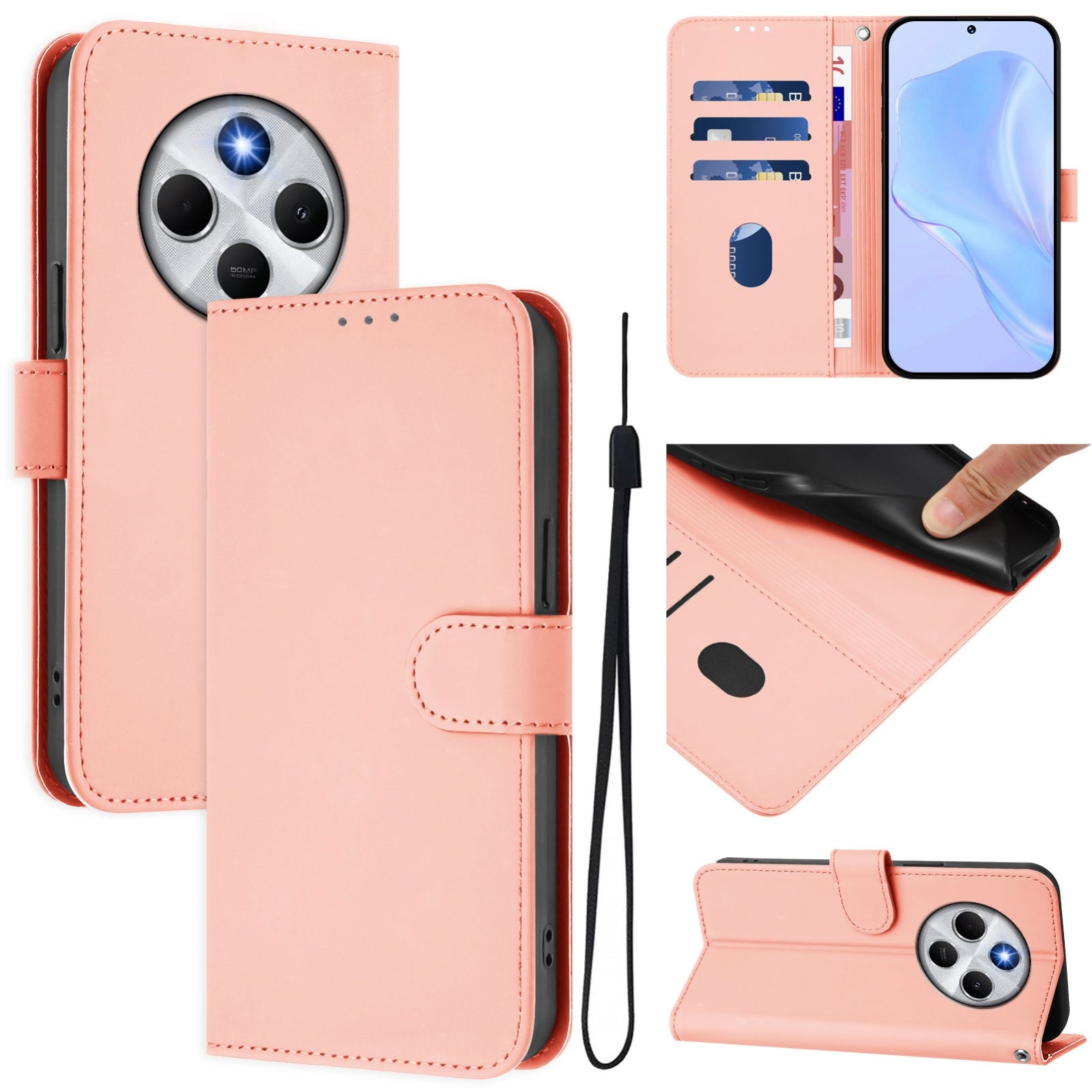 For Redmi 14C 4G Skin Feel Solid Color Leather Phone Case with Lanyard(Pink)