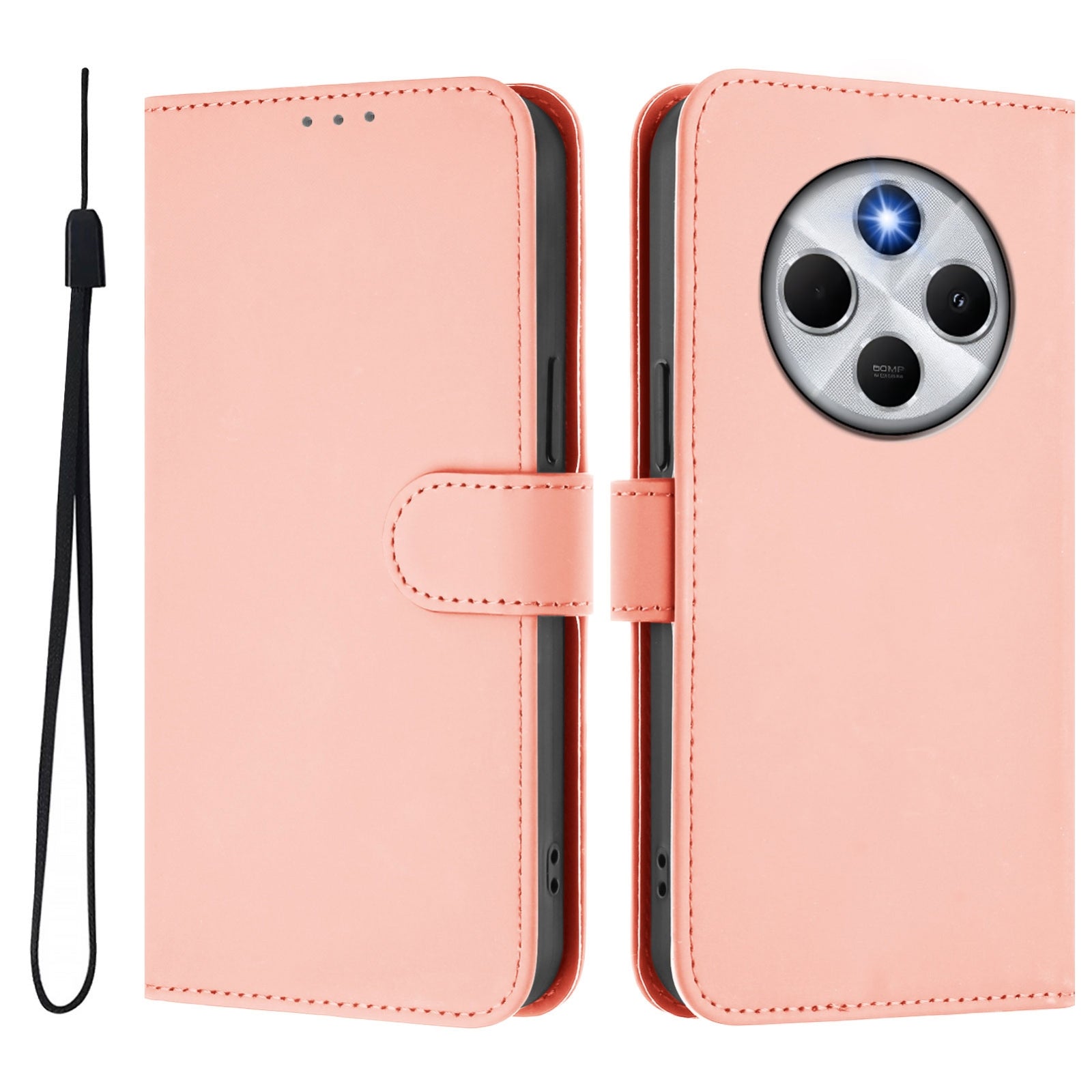 For Redmi 14C 4G Skin Feel Solid Color Leather Phone Case with Lanyard(Pink)