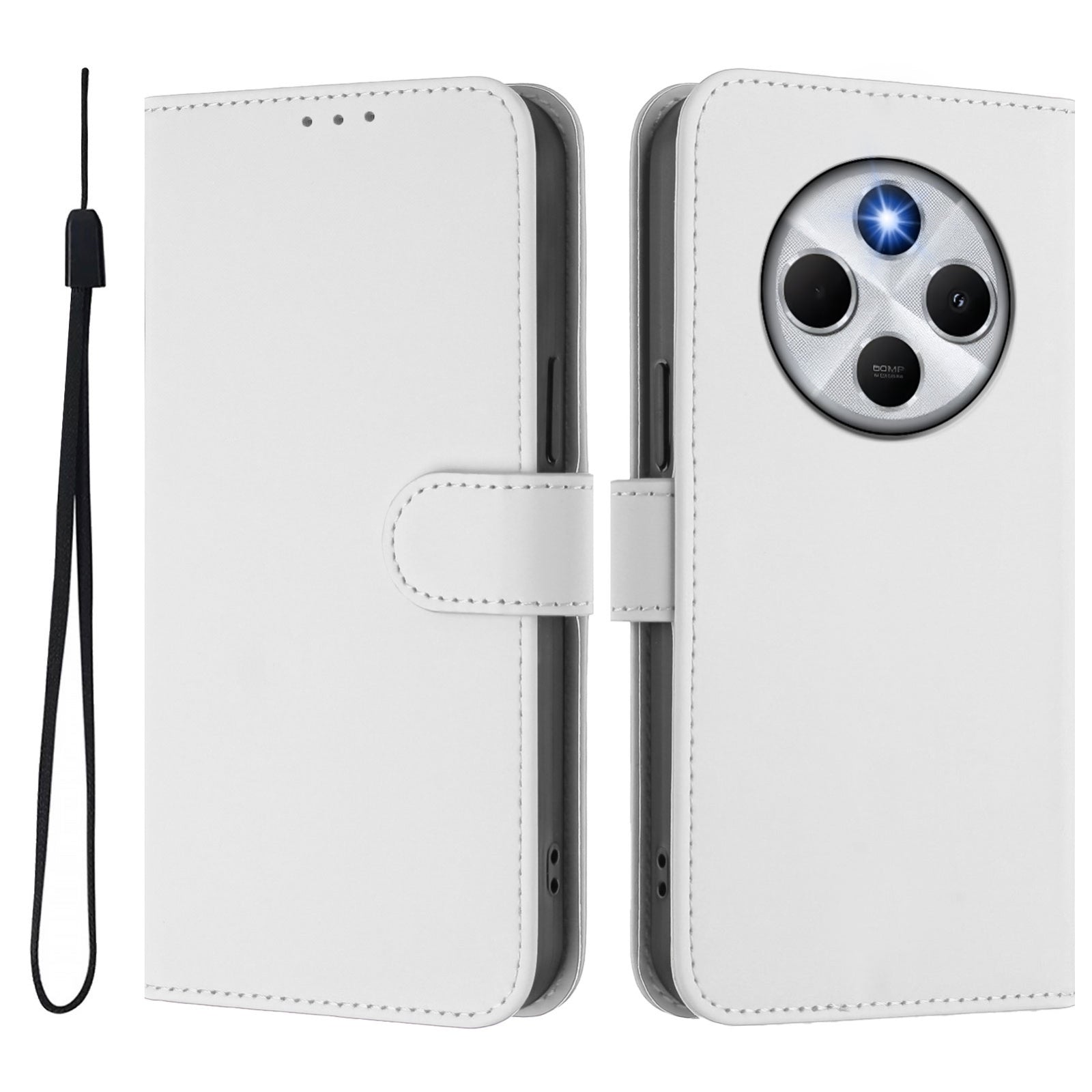 For Redmi 14C 4G Skin Feel Solid Color Leather Phone Case with Lanyard(White)