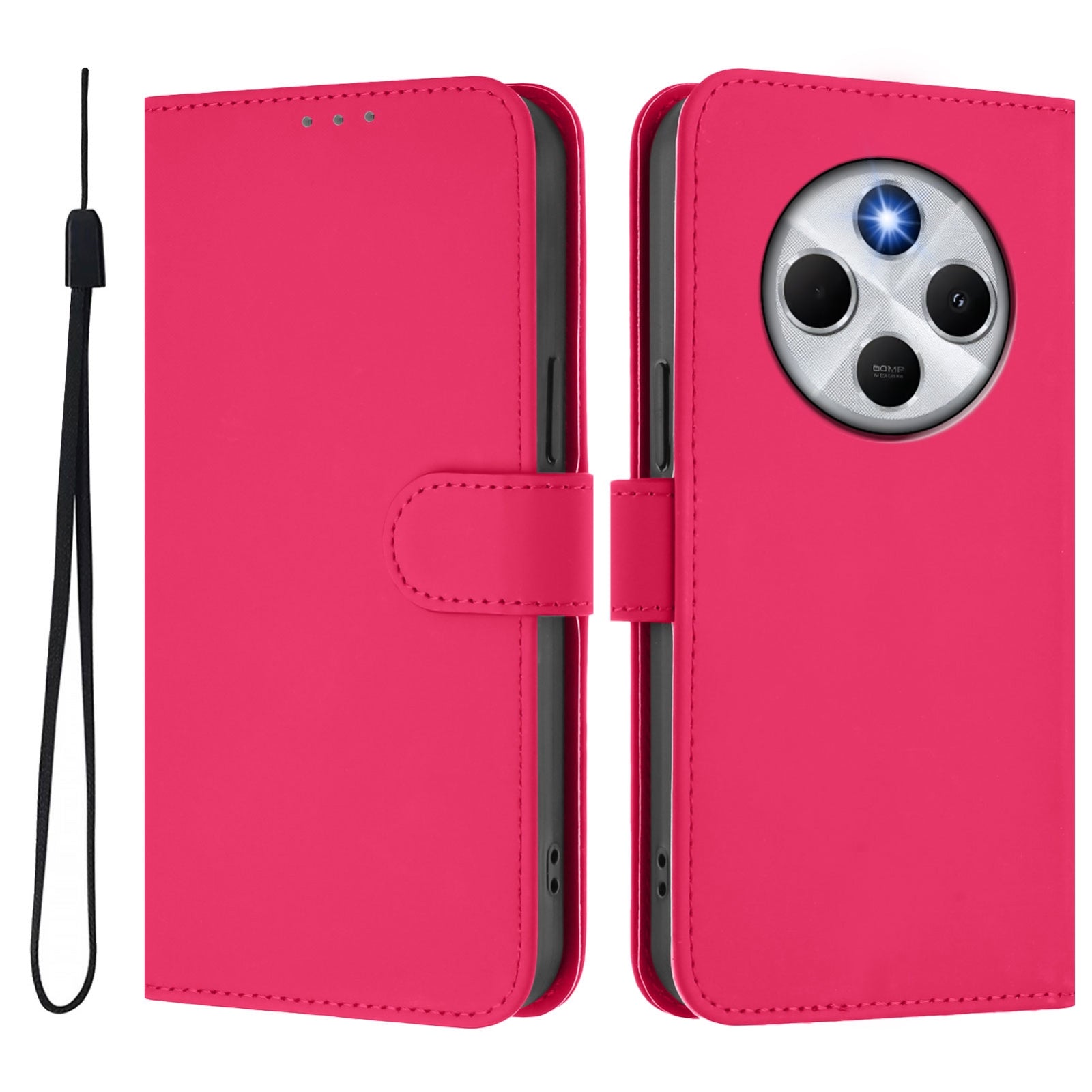 For Redmi 14C 4G Skin Feel Solid Color Leather Phone Case with Lanyard(Rose Red)