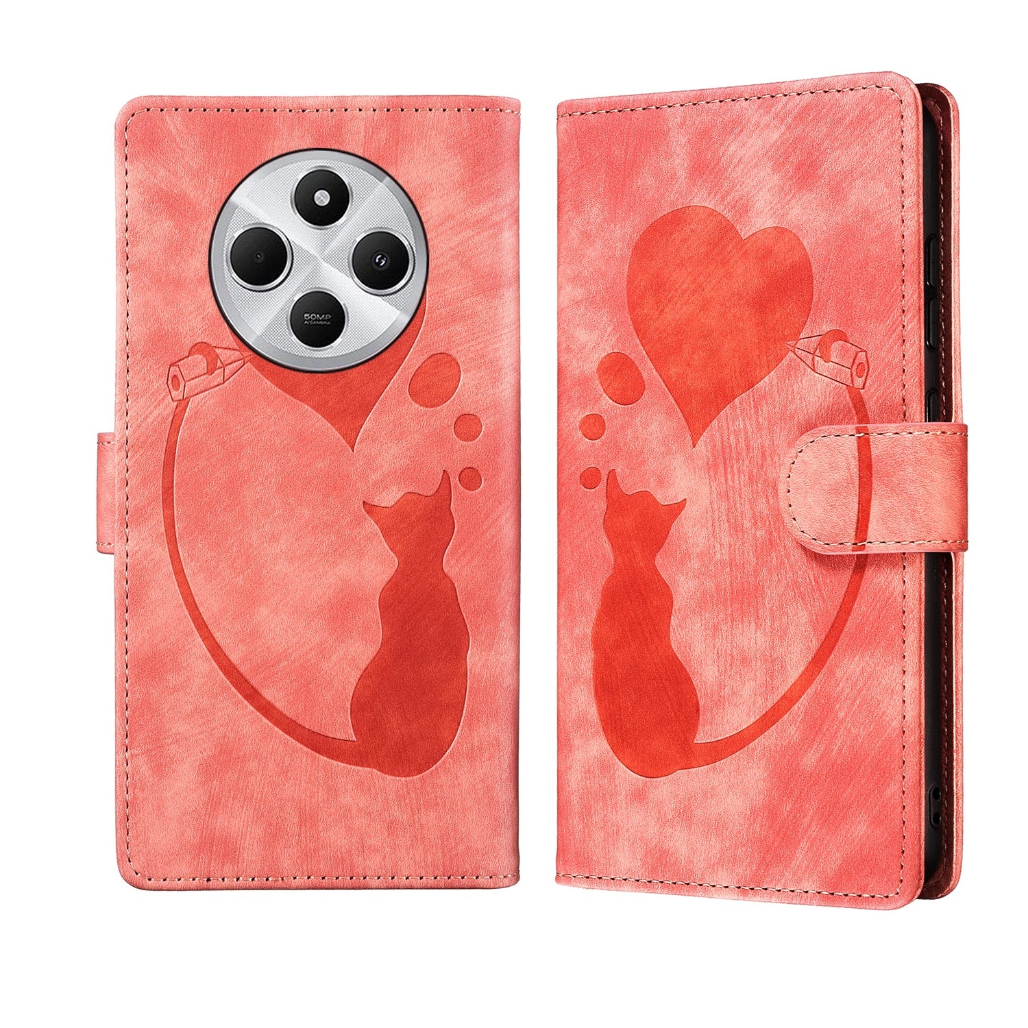 For Redmi 14C 4G Pen Heart Cat Embossed Leather Phone Case(Orange)