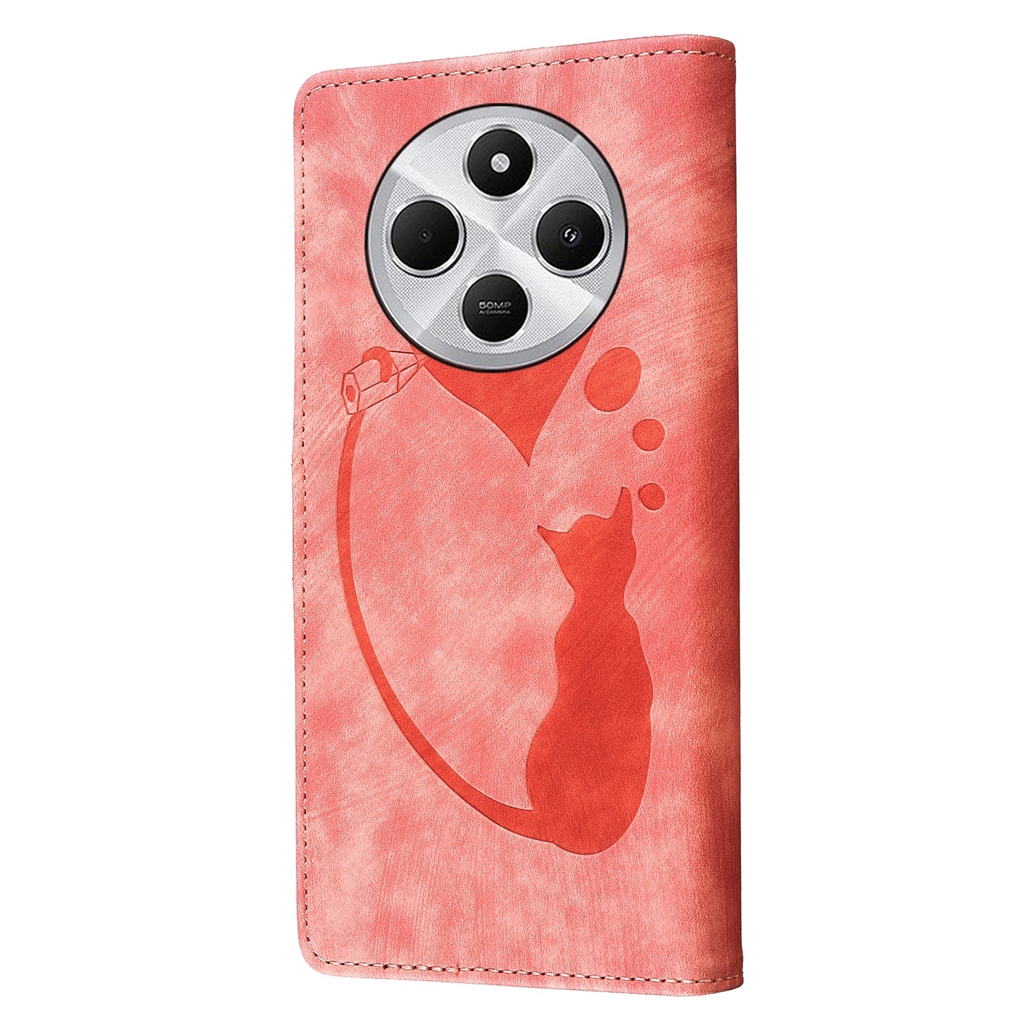 For Redmi 14C 4G Pen Heart Cat Embossed Leather Phone Case(Orange)