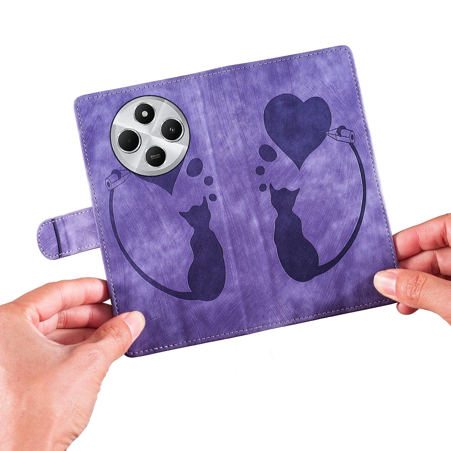 For Redmi 14C 4G Pen Heart Cat Embossed Leather Phone Case(Purple)