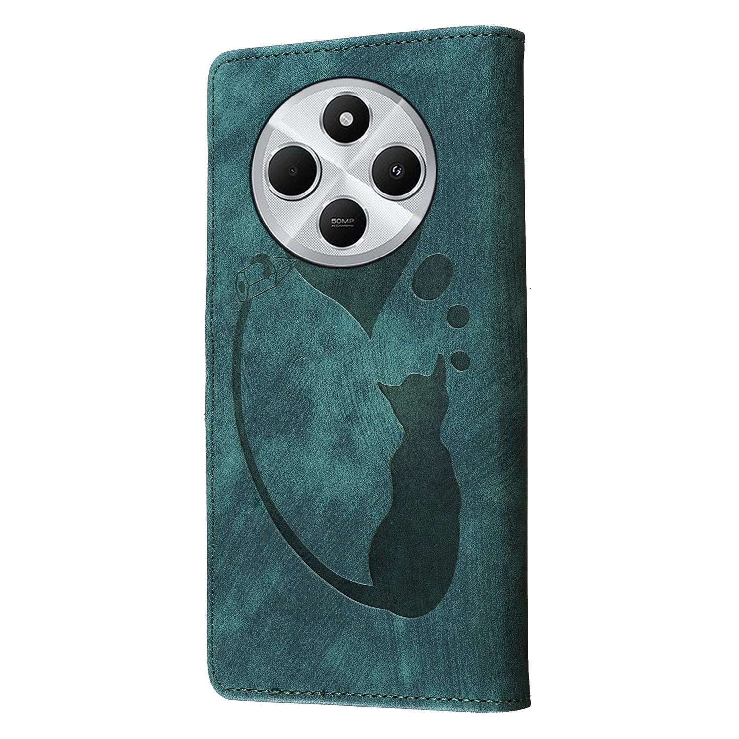 For Redmi 14C 4G Pen Heart Cat Embossed Leather Phone Case(Green)