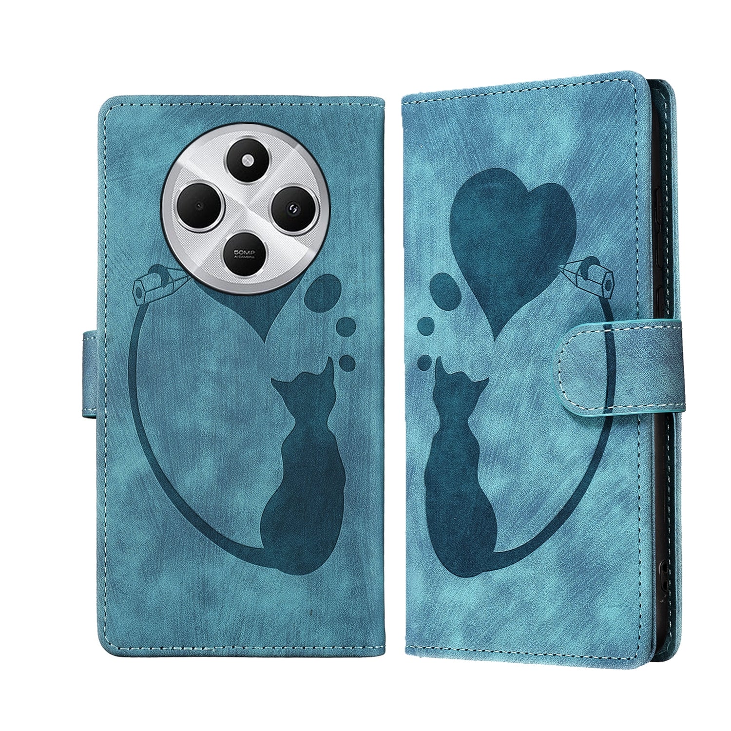 For Redmi 14C 4G Pen Heart Cat Embossed Leather Phone Case(Blue)