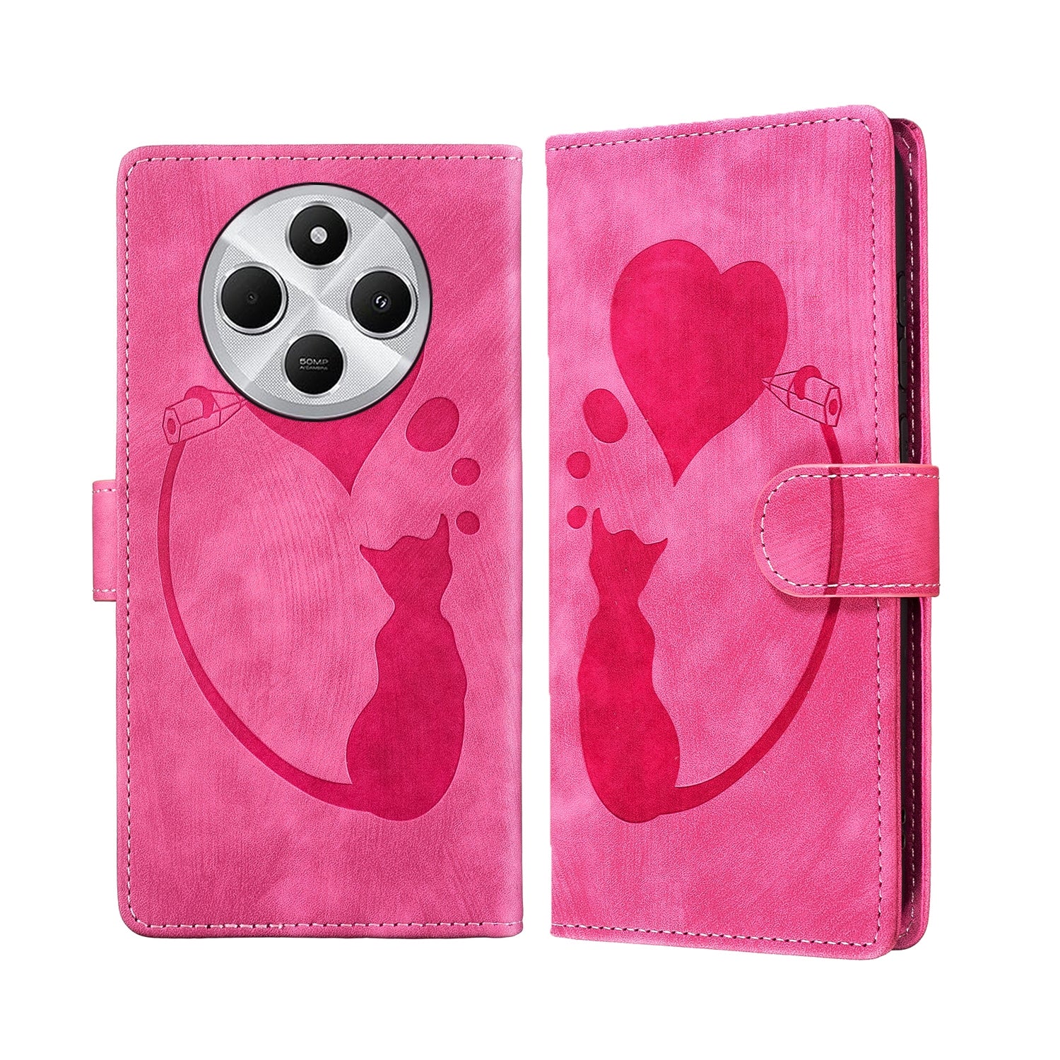 For Redmi 14C 4G Pen Heart Cat Embossed Leather Phone Case(Pink)