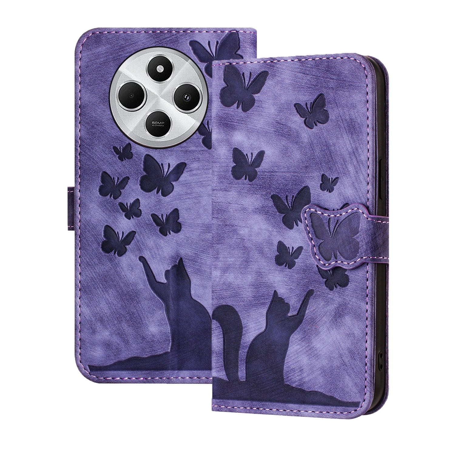 For Redmi 14C 4G Butterfly Cat Embossing Flip Leather Phone Case(Purple)