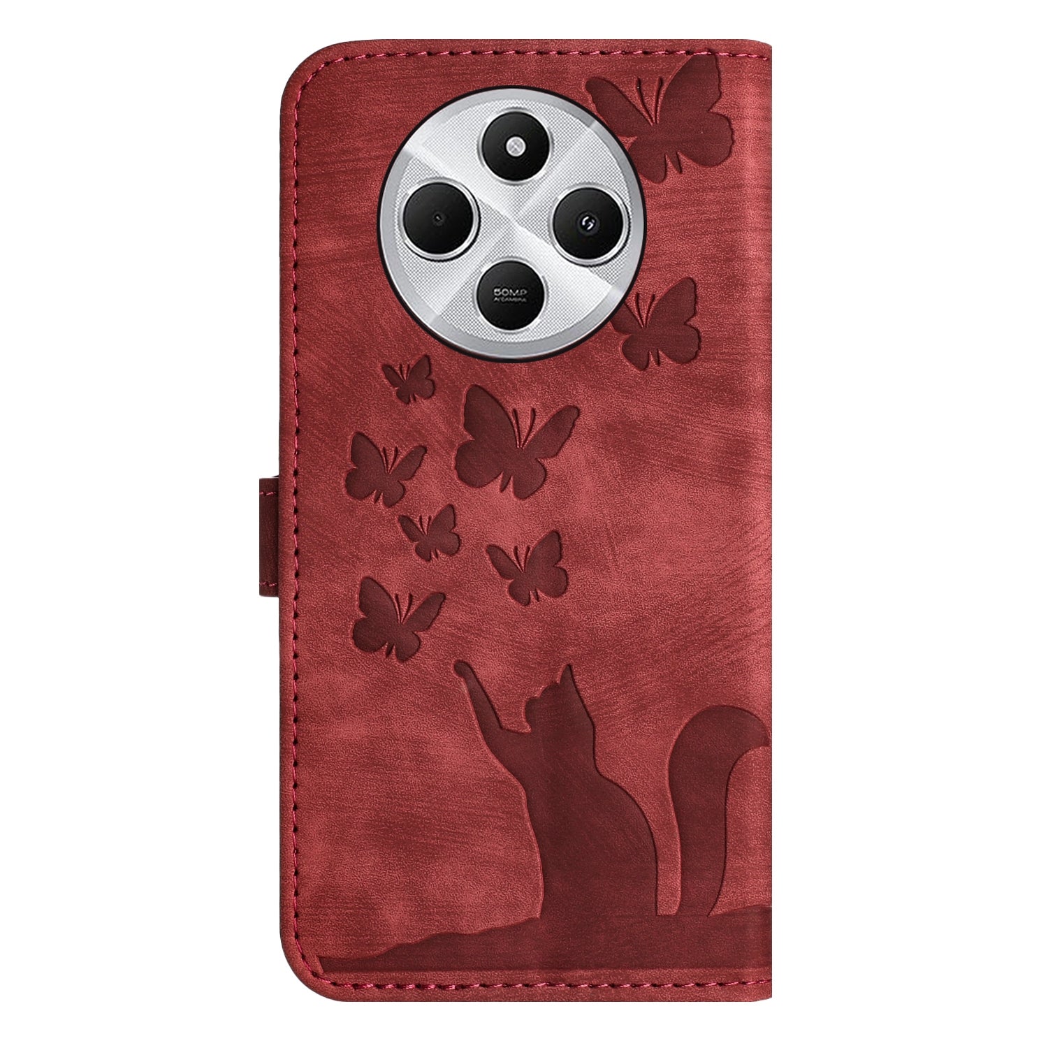 For Redmi 14C 4G Butterfly Cat Embossing Flip Leather Phone Case(Red)