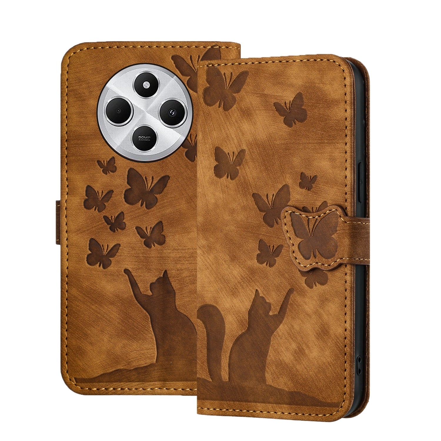 For Redmi 14C 4G Butterfly Cat Embossing Flip Leather Phone Case(Brown)