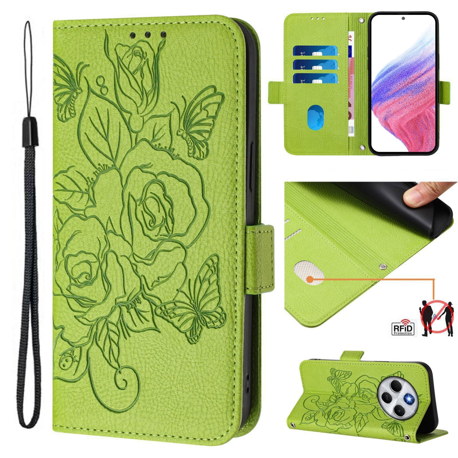 For Redmi 14C 4G Embossed Rose RFID Anti-theft Leather Phone Case(Green)