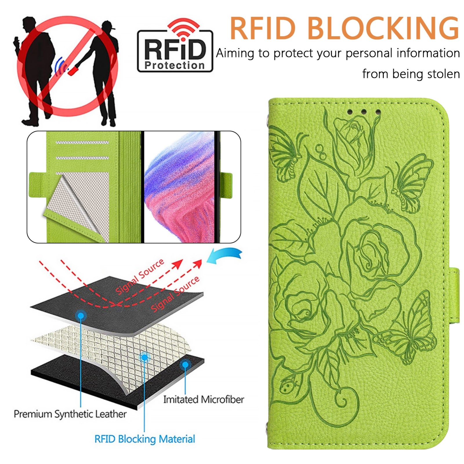 For Redmi 14C 4G Embossed Rose RFID Anti-theft Leather Phone Case(Green)