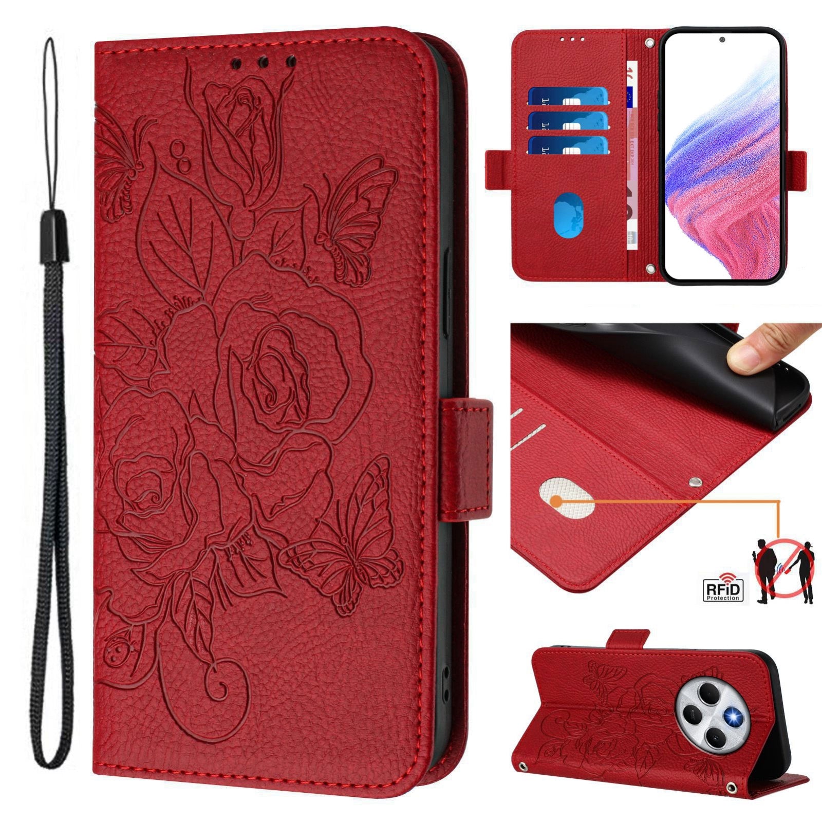 For Redmi 14C 4G Embossed Rose RFID Anti-theft Leather Phone Case(Red)