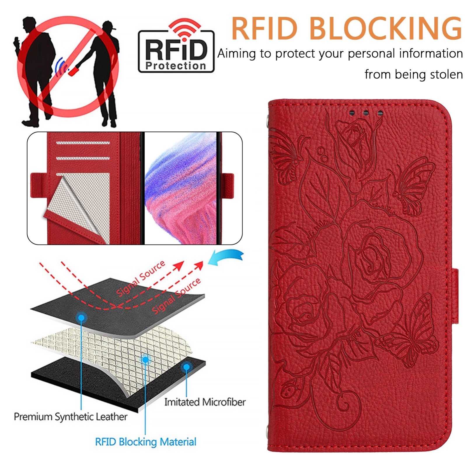 For Redmi 14C 4G Embossed Rose RFID Anti-theft Leather Phone Case(Red)