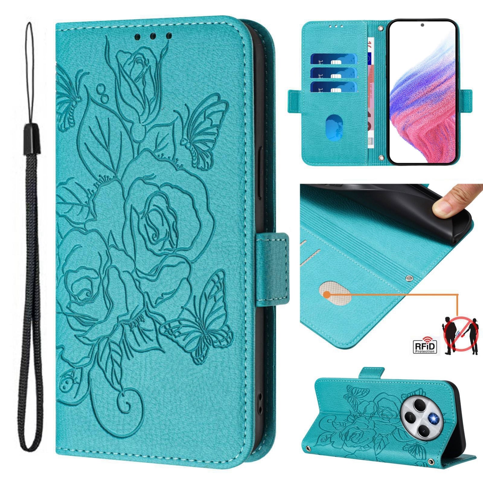 For Redmi 14C 4G Embossed Rose RFID Anti-theft Leather Phone Case(Light Blue)