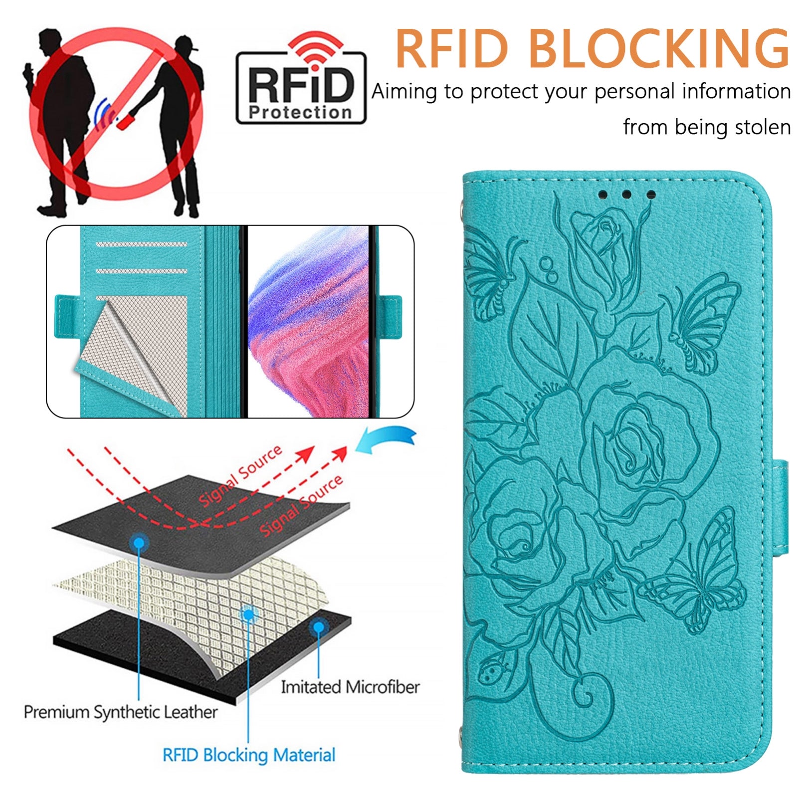 For Redmi 14C 4G Embossed Rose RFID Anti-theft Leather Phone Case(Light Blue)