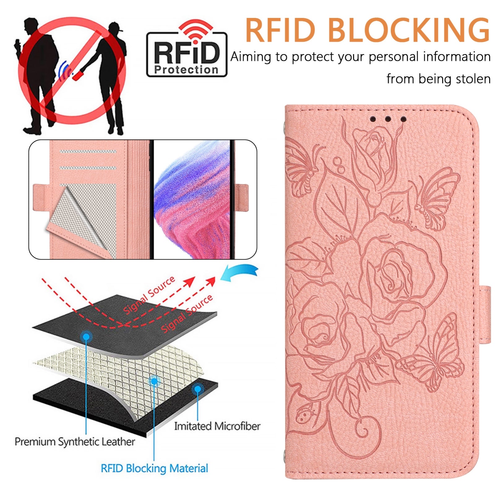 For Redmi 14C 4G Embossed Rose RFID Anti-theft Leather Phone Case(Pink)