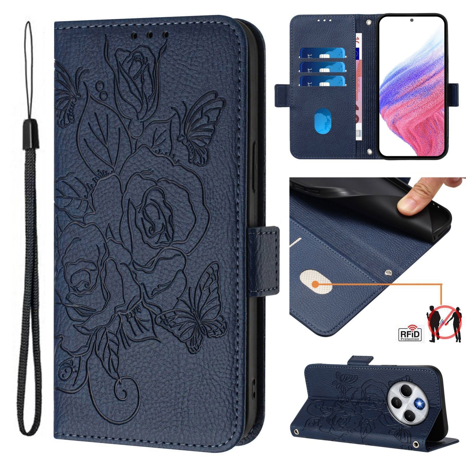 For Redmi 14C 4G Embossed Rose RFID Anti-theft Leather Phone Case(Dark Blue)