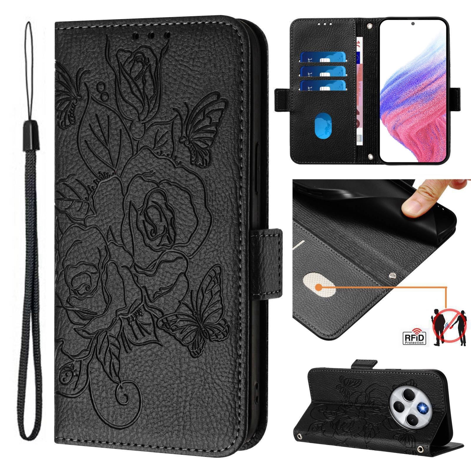 For Redmi 14C 4G Embossed Rose RFID Anti-theft Leather Phone Case(Black)