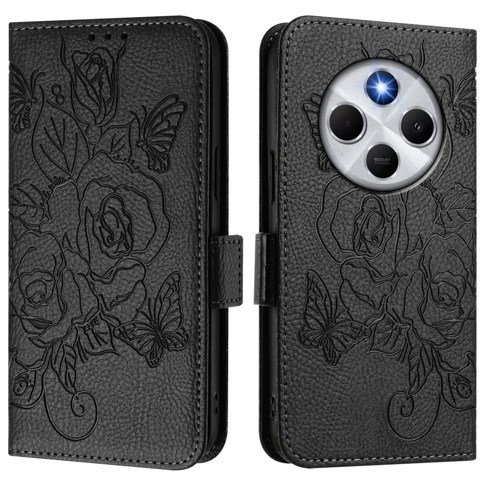 For Redmi 14C 4G Embossed Rose RFID Anti-theft Leather Phone Case(Black)