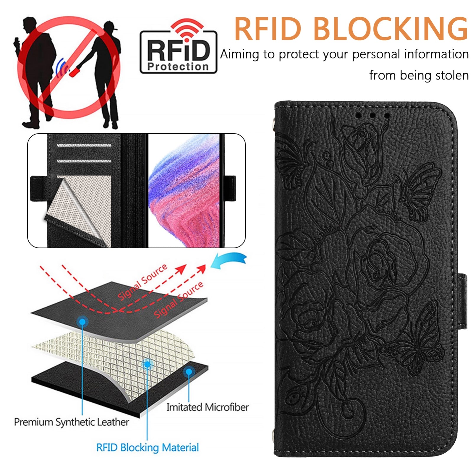 For Redmi 14C 4G Embossed Rose RFID Anti-theft Leather Phone Case(Black)