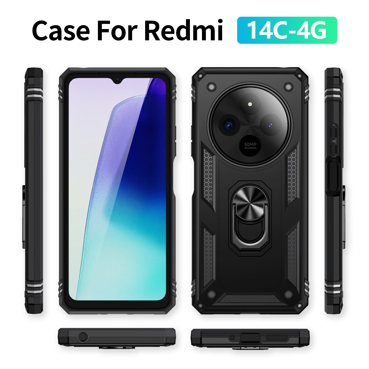 For Redmi 14C 4G Shockproof TPU + PC Phone Case with Holder(Black)